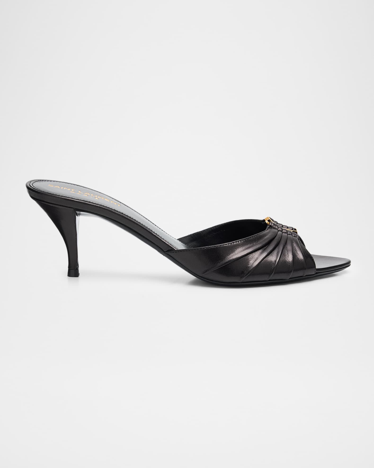 Saint Laurent 60mm Babylone YSL Ruched Leather Mule Sandals