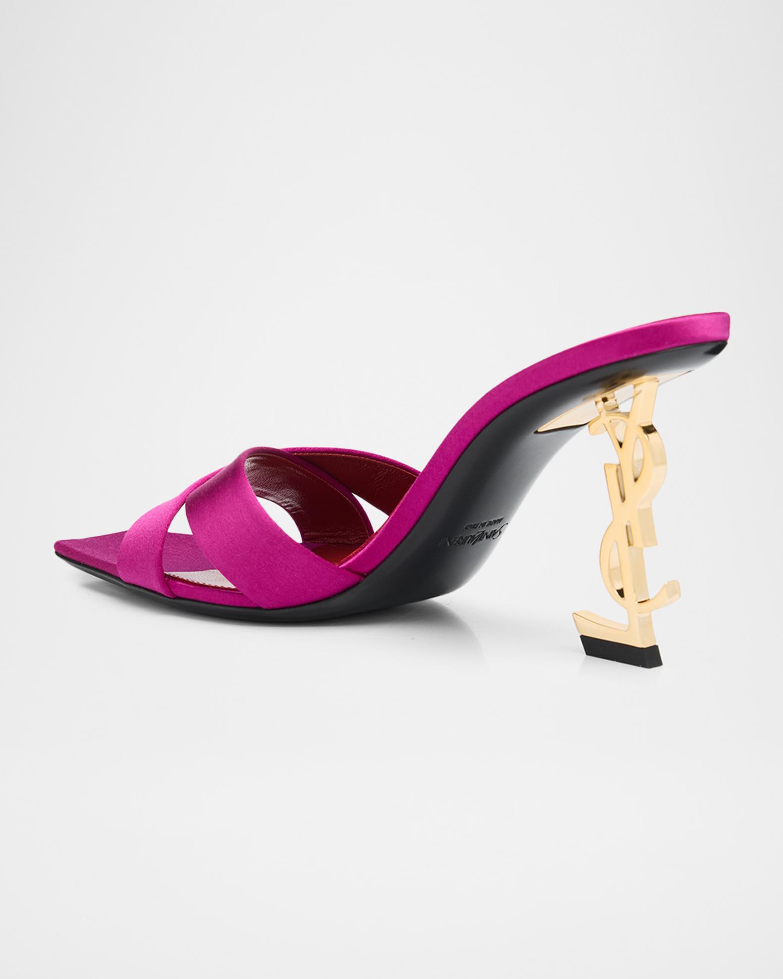 Saint Laurent 85mm Opyum YSL Satin Mule Sandals with Golden