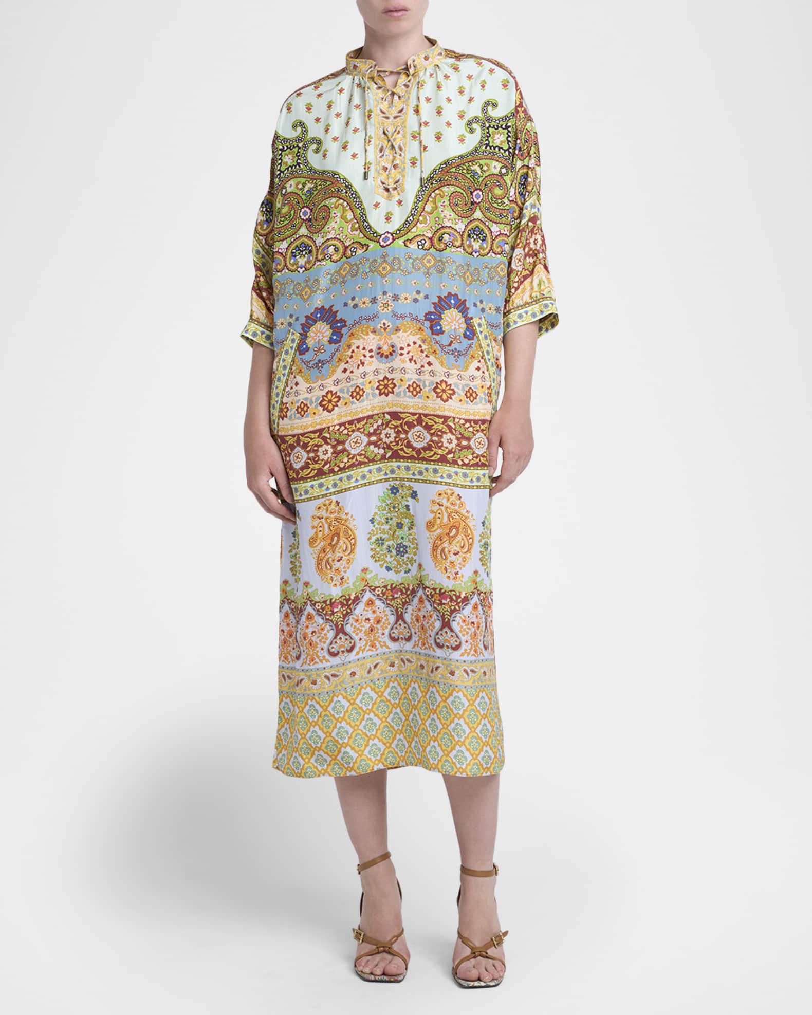 Etro Women's Floral Silk Lace-Up Tunic Midi-Dress - Printed Azure Base - Size 8
