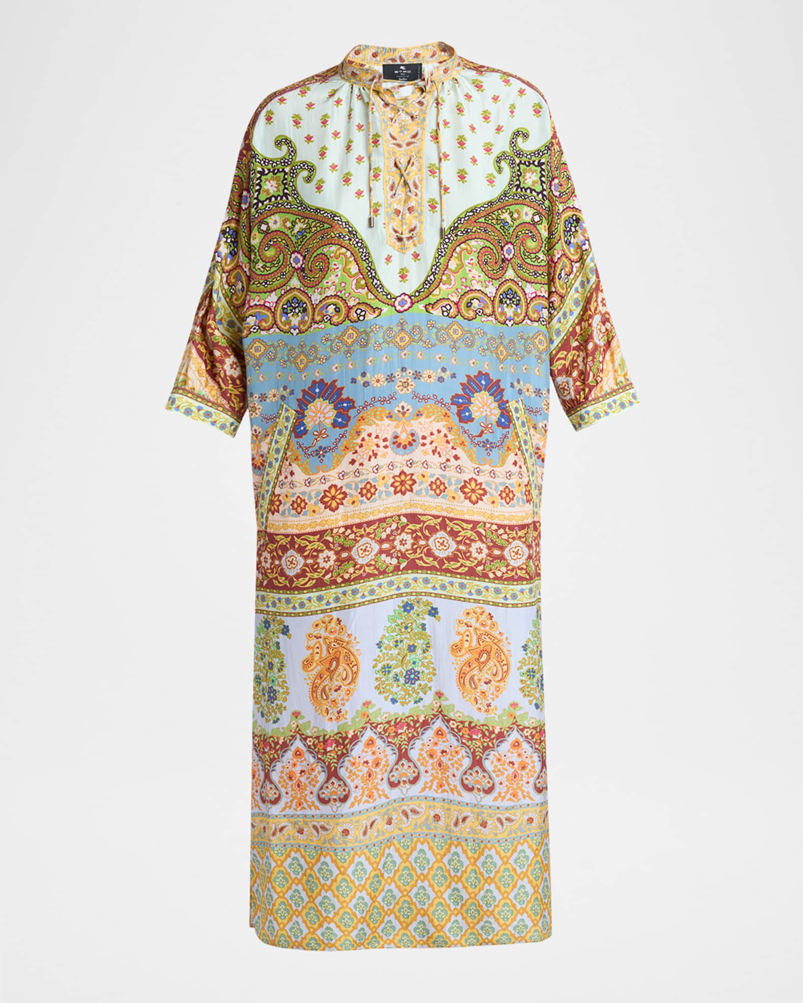 Etro Women's Floral Silk Lace-Up Tunic Midi-Dress - Printed Azure Base - Size 8