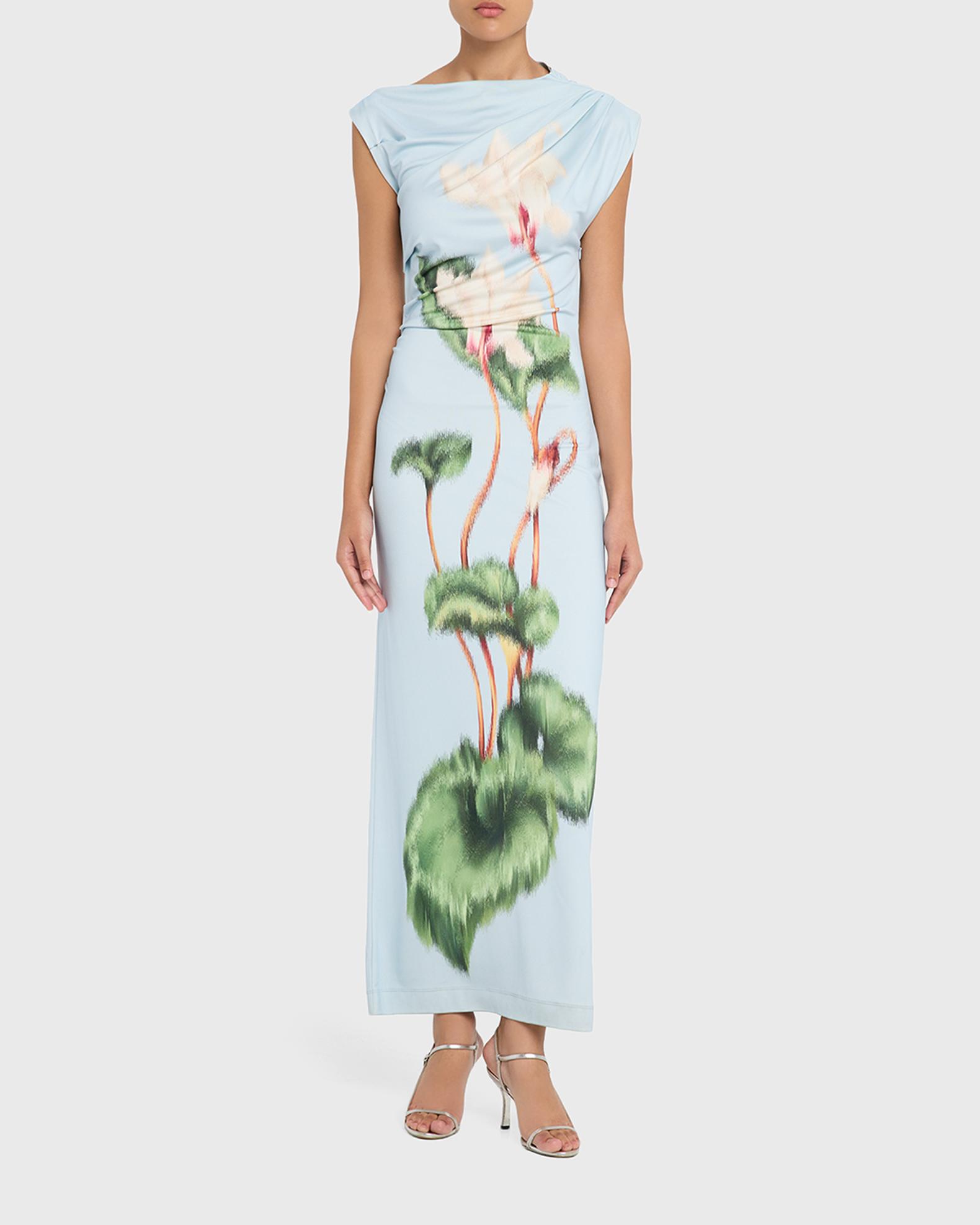 Chinese Cyclamen-Print Draped Jersey Maxi Dress