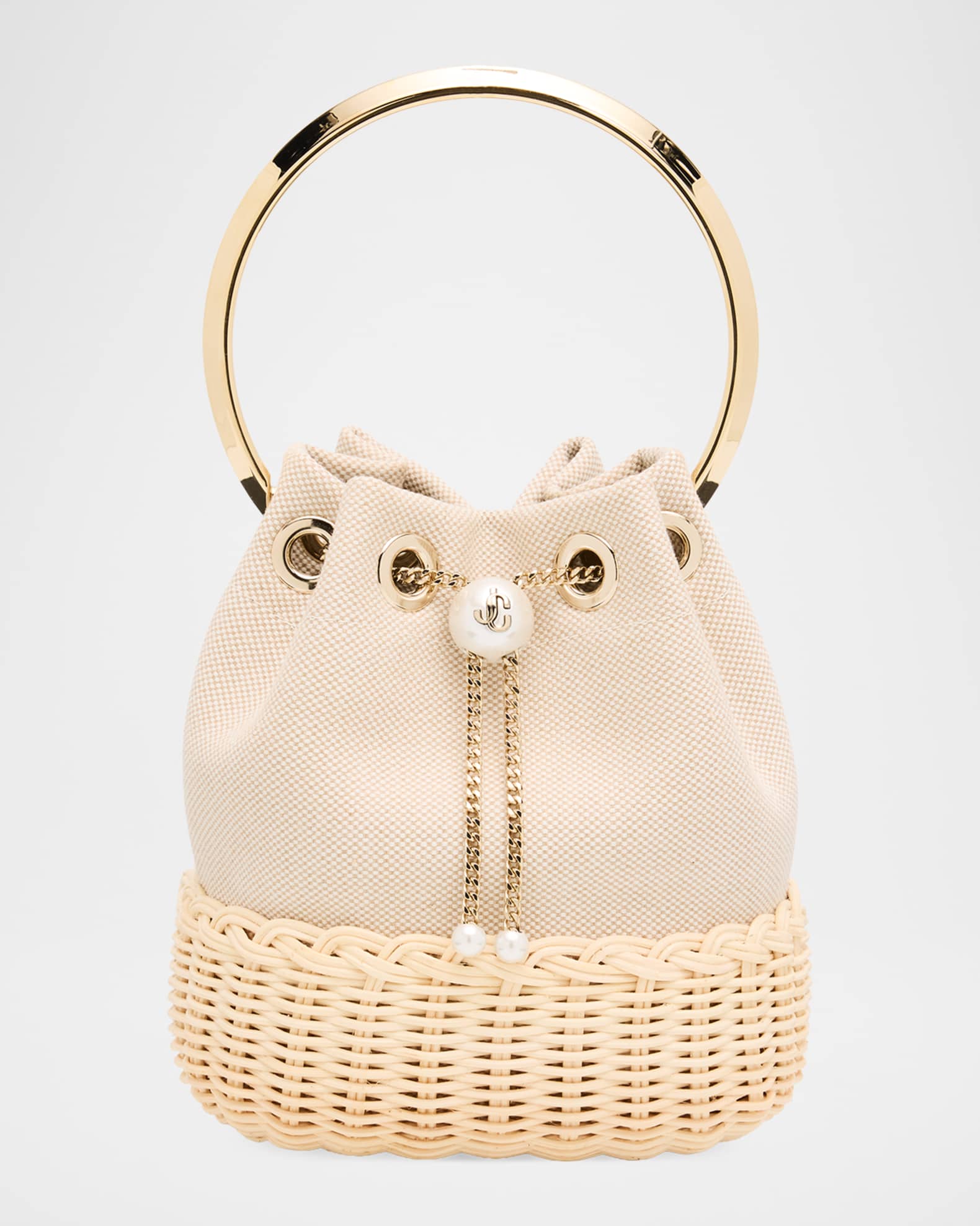 Jimmy Choo Bon Bon Canvas and Wicker Top-Handle Bag | Neiman Marcus