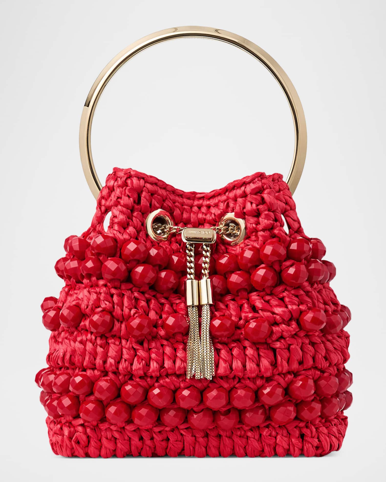 Jimmy Choo Bon Bon Beaded Raffia Bucket Bag | Neiman Marcus