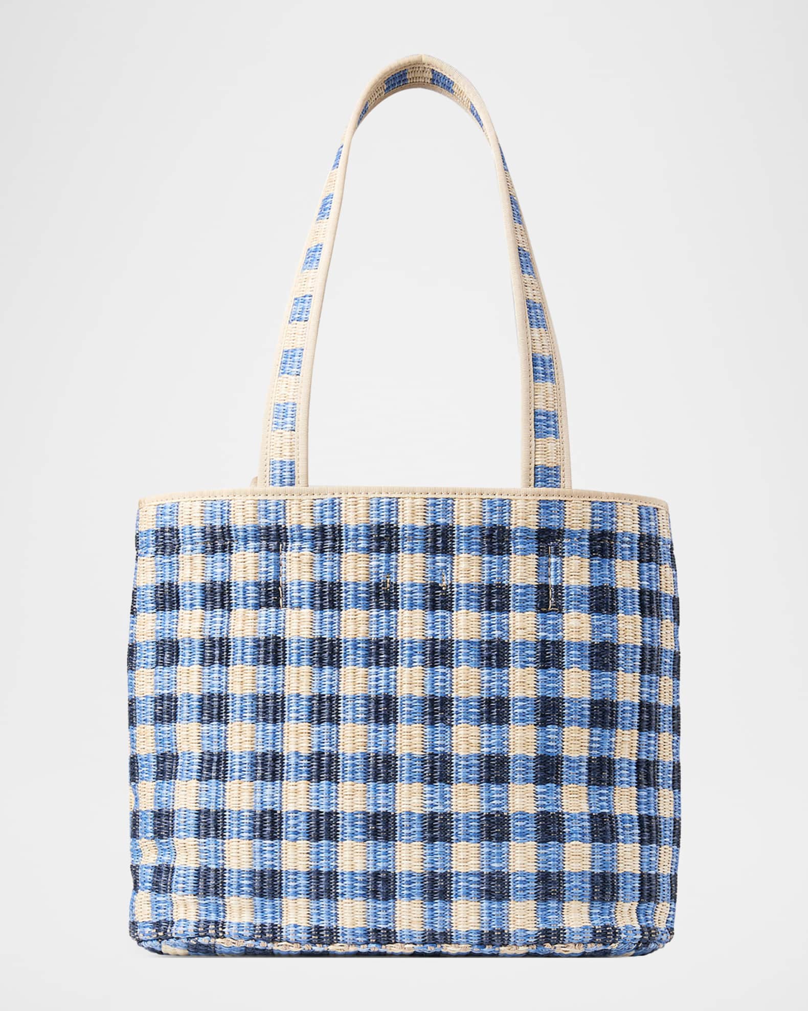 Jimmy Choo Embroidered Gingham Raffia Small Beach Tote Bag