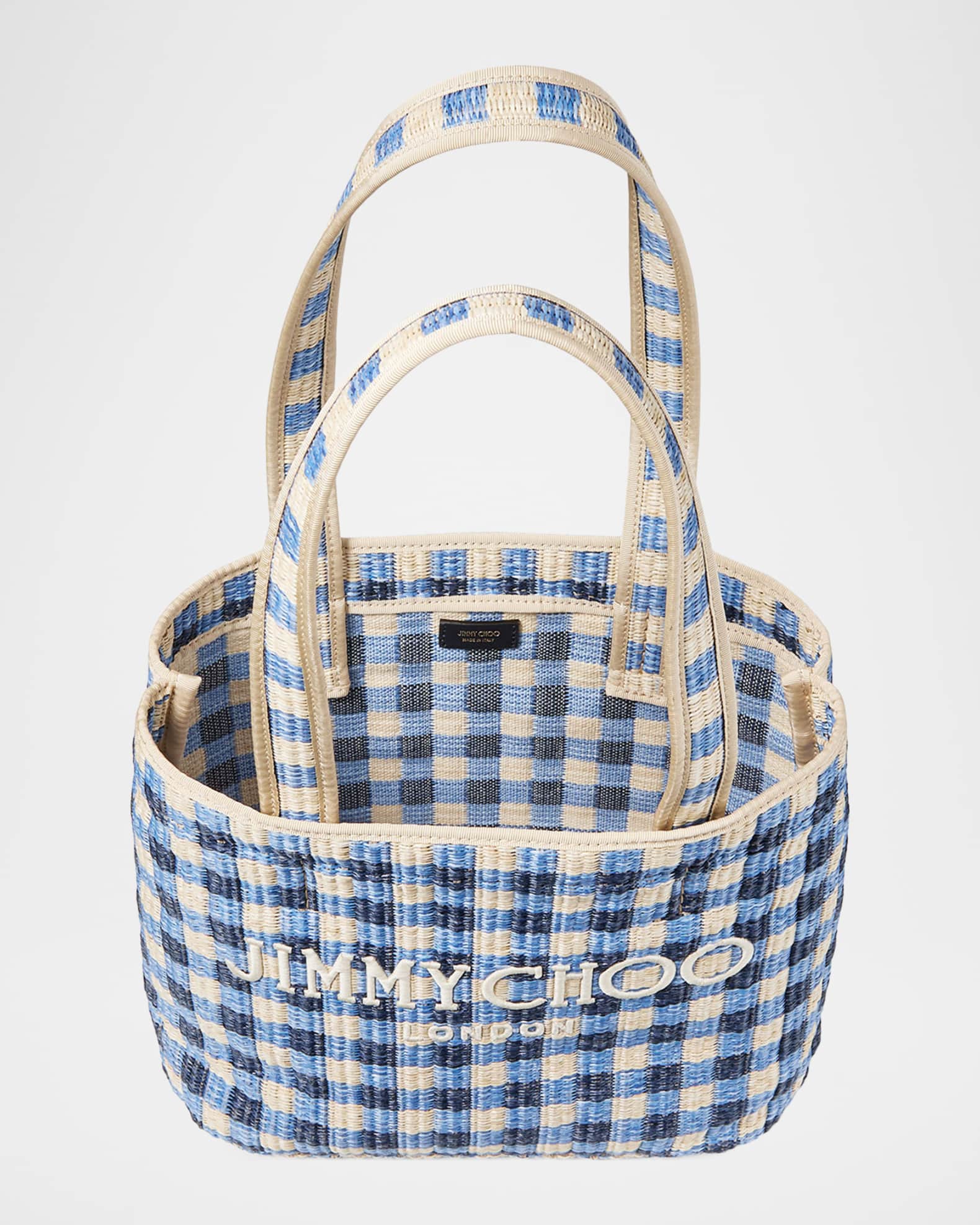 Jimmy Choo Embroidered Gingham Raffia Small Beach Tote Bag