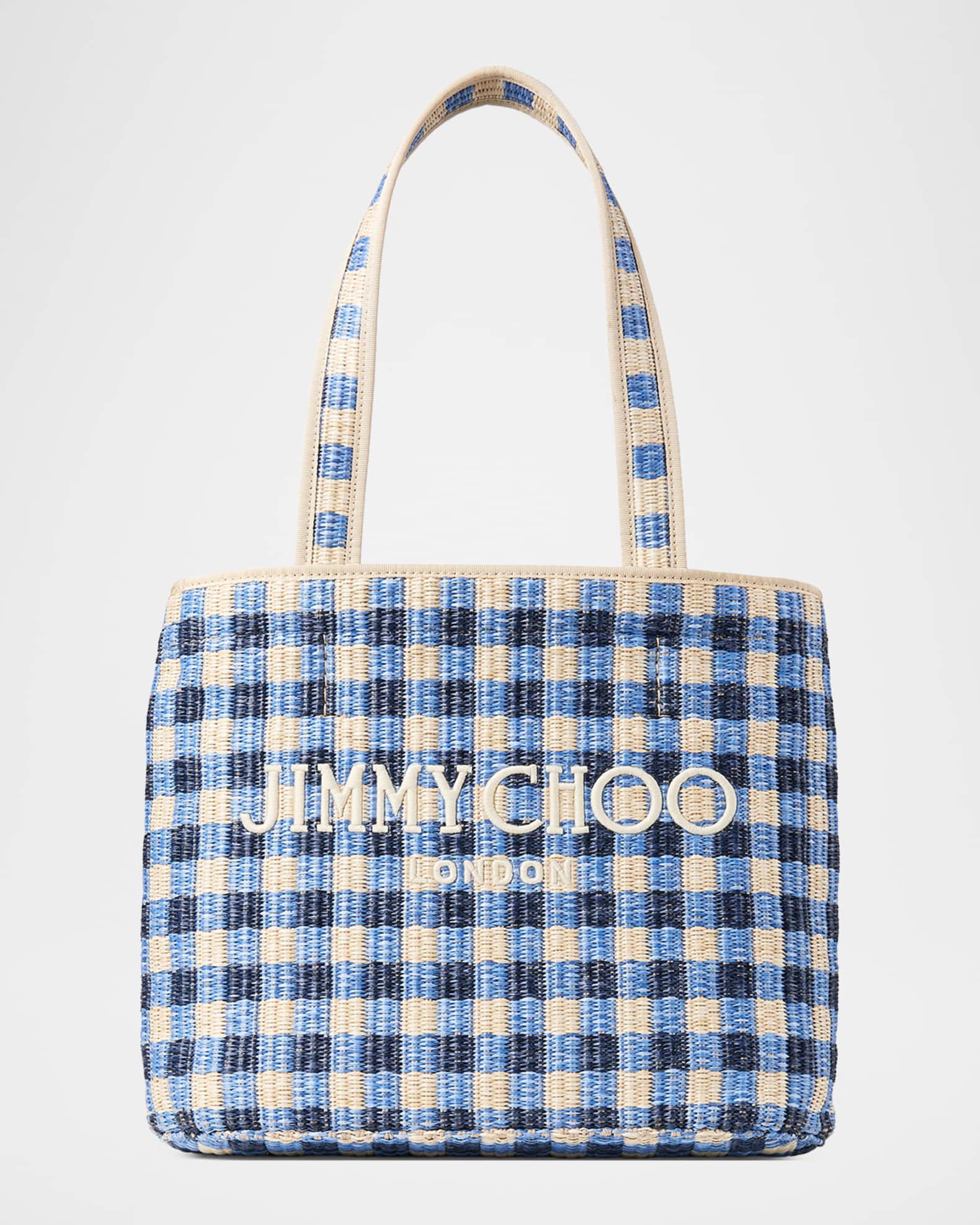 JIMMY CHOO  バック Jimmy Choo Embroidered Gingham Raffia Small Beach Tote Bag