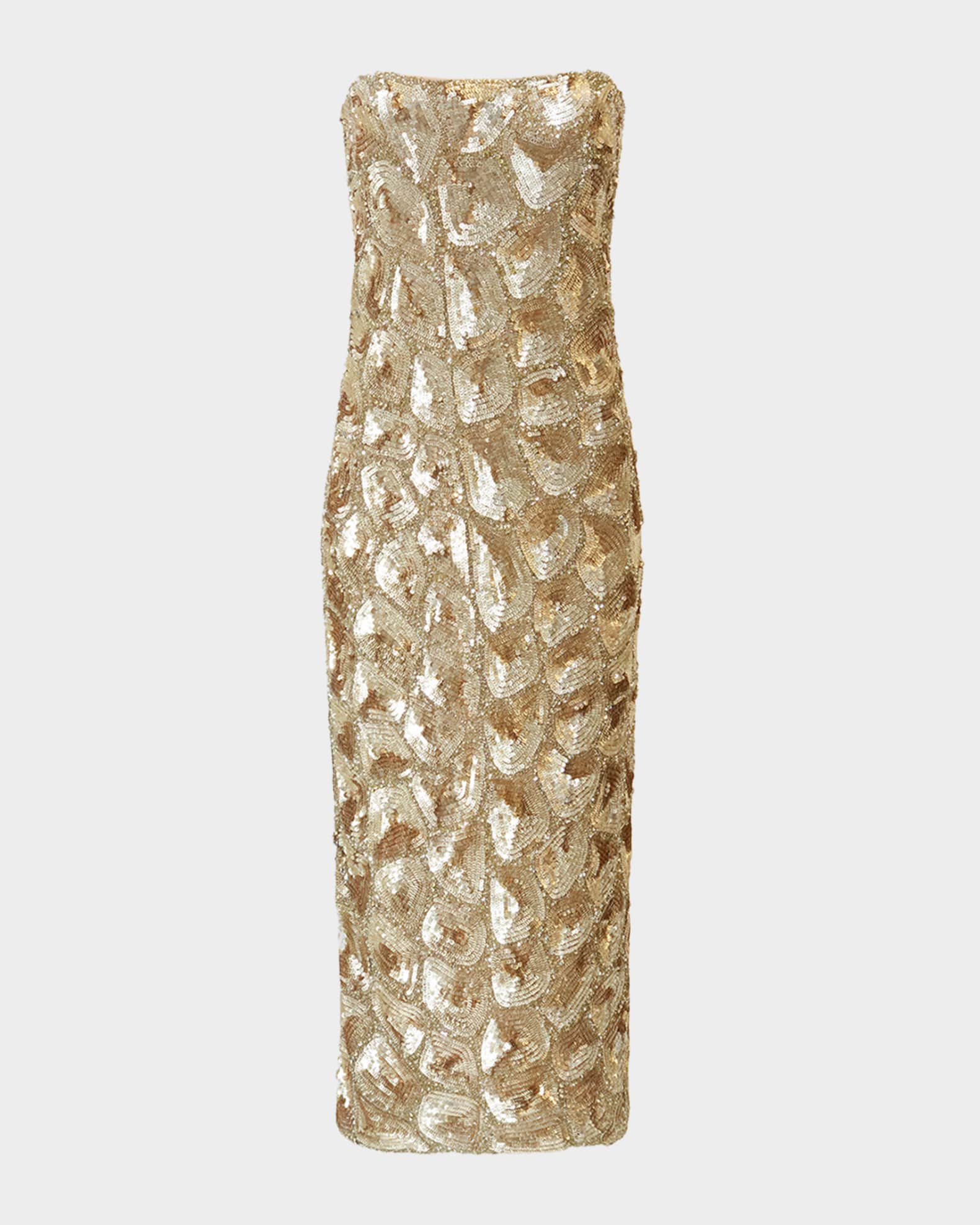 gold strapless midi dress Gala Strapless Tweed Midi Dress / Gold | MESHKI