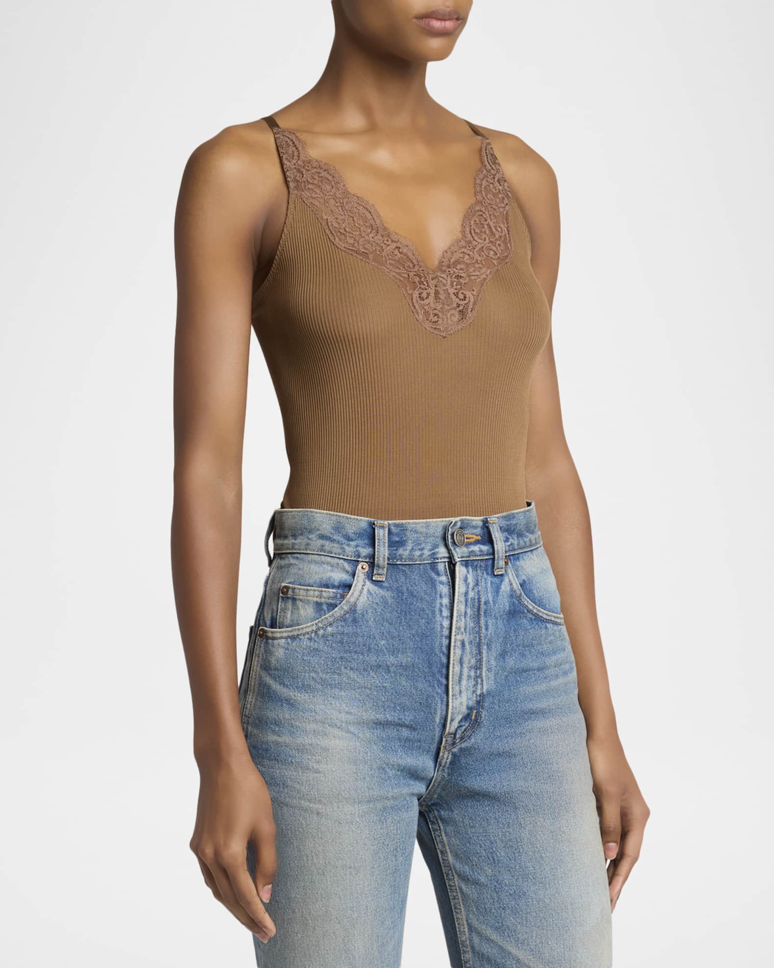 Saint Laurent Lace V-Neck Ribbed Tank Top | Neiman Marcus