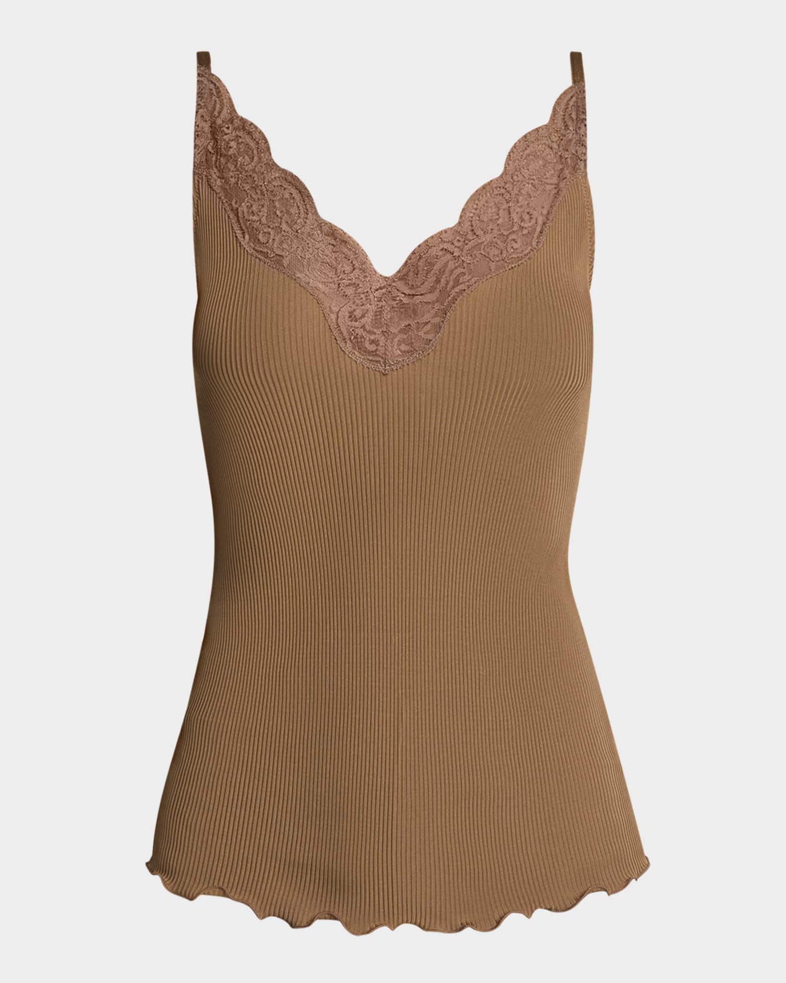 Saint Laurent Lace V-Neck Ribbed Tank Top | Neiman Marcus