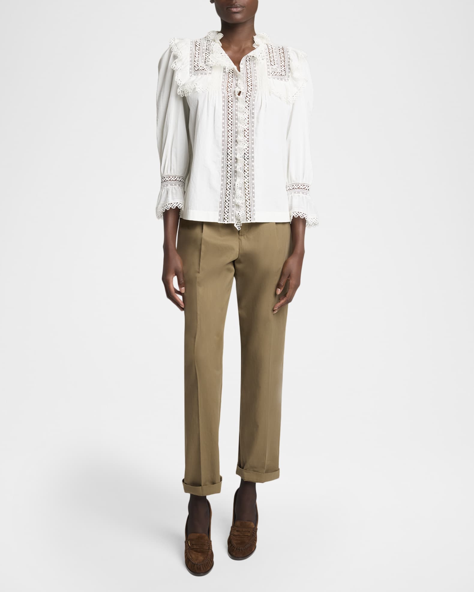 Saint Laurent Lace-Yoke Ruffle Poplin Blouse | Neiman Marcus