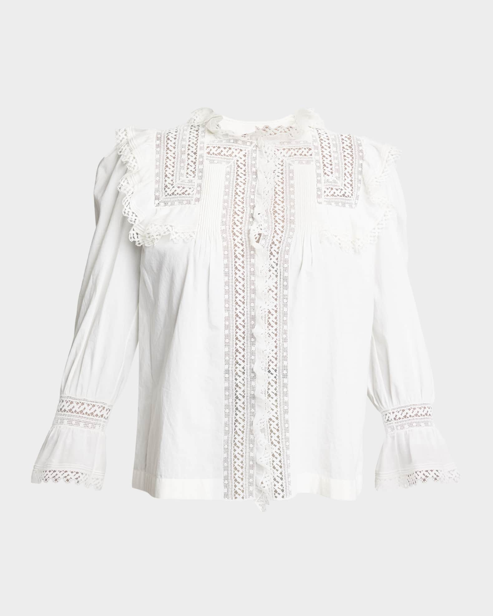 Saint Laurent Lace-Yoke Ruffle Poplin Blouse | Neiman Marcus