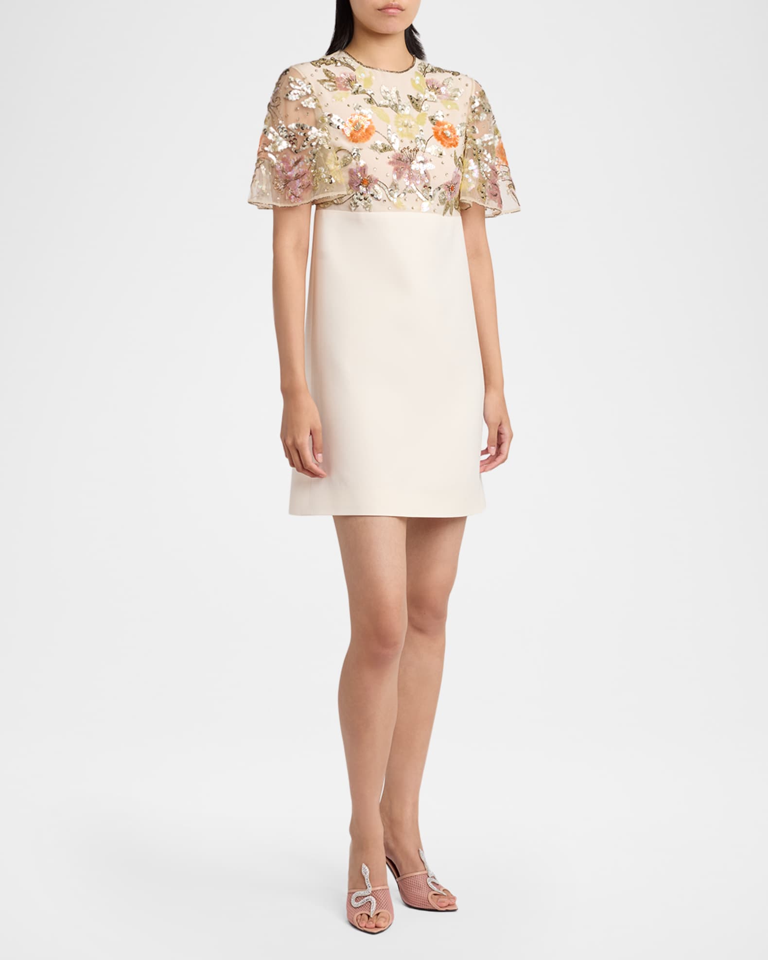 empire waist shift dress Valentino Garavani Embroidered Mesh Empire-Waist Mini Shift Dress