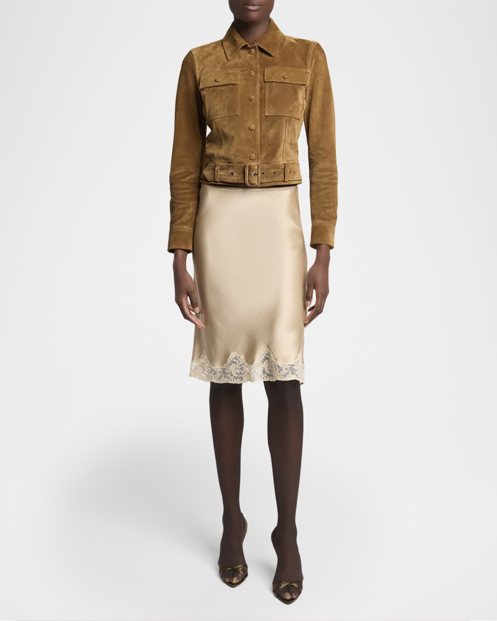 Saint Laurent Lace-Trim Satin Knee-Length Skirt | Neiman Marcus