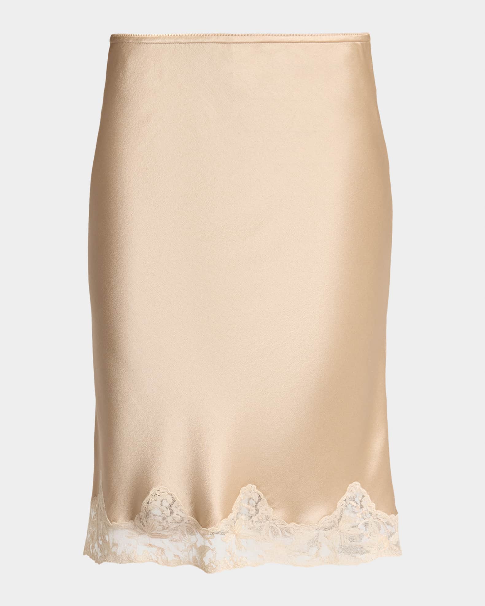 Saint Laurent Lace-Trim Satin Knee-Length Skirt | Neiman Marcus