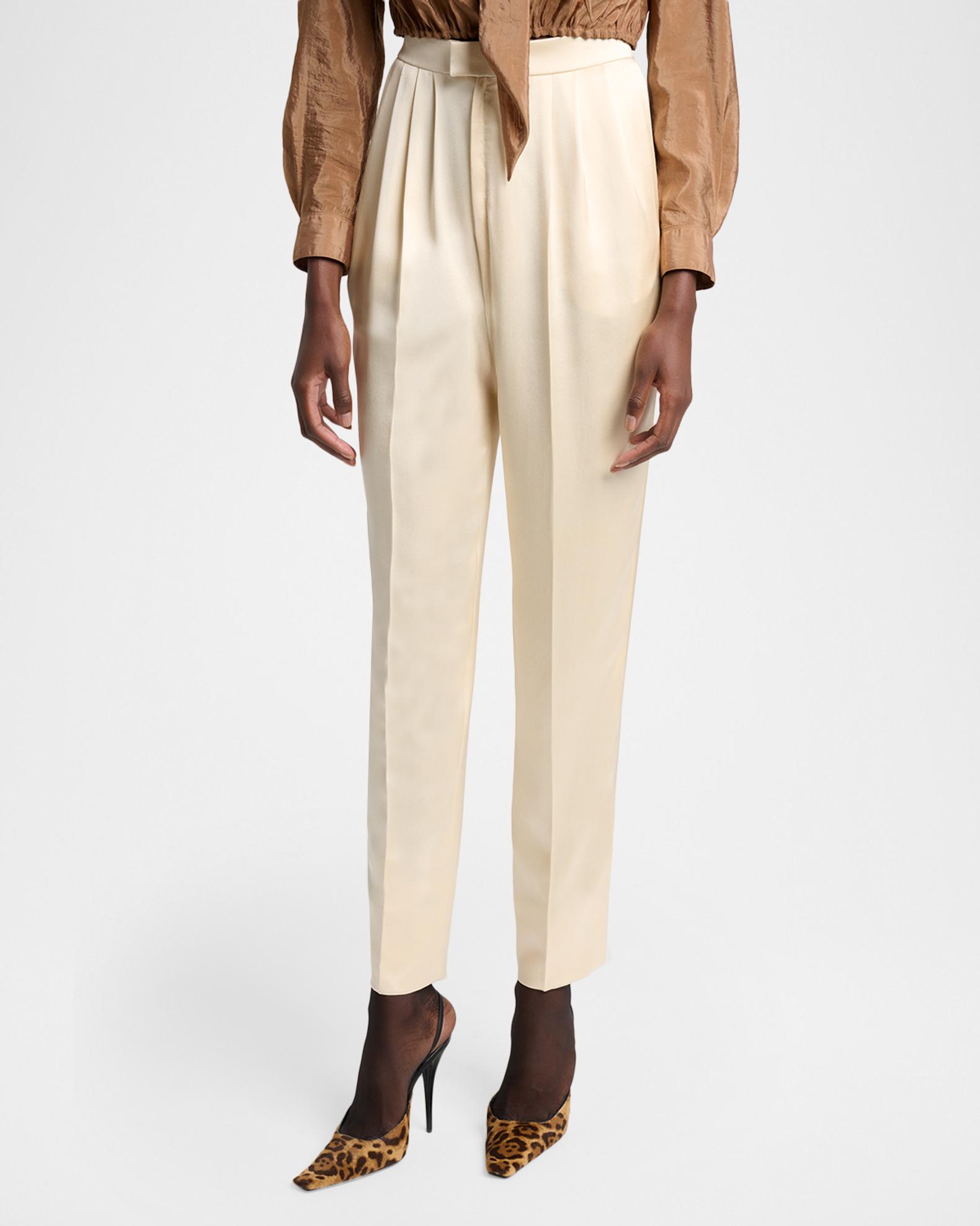 Saint Laurent Pleated Silk Slim-Leg Ankle Pants | Neiman Marcus