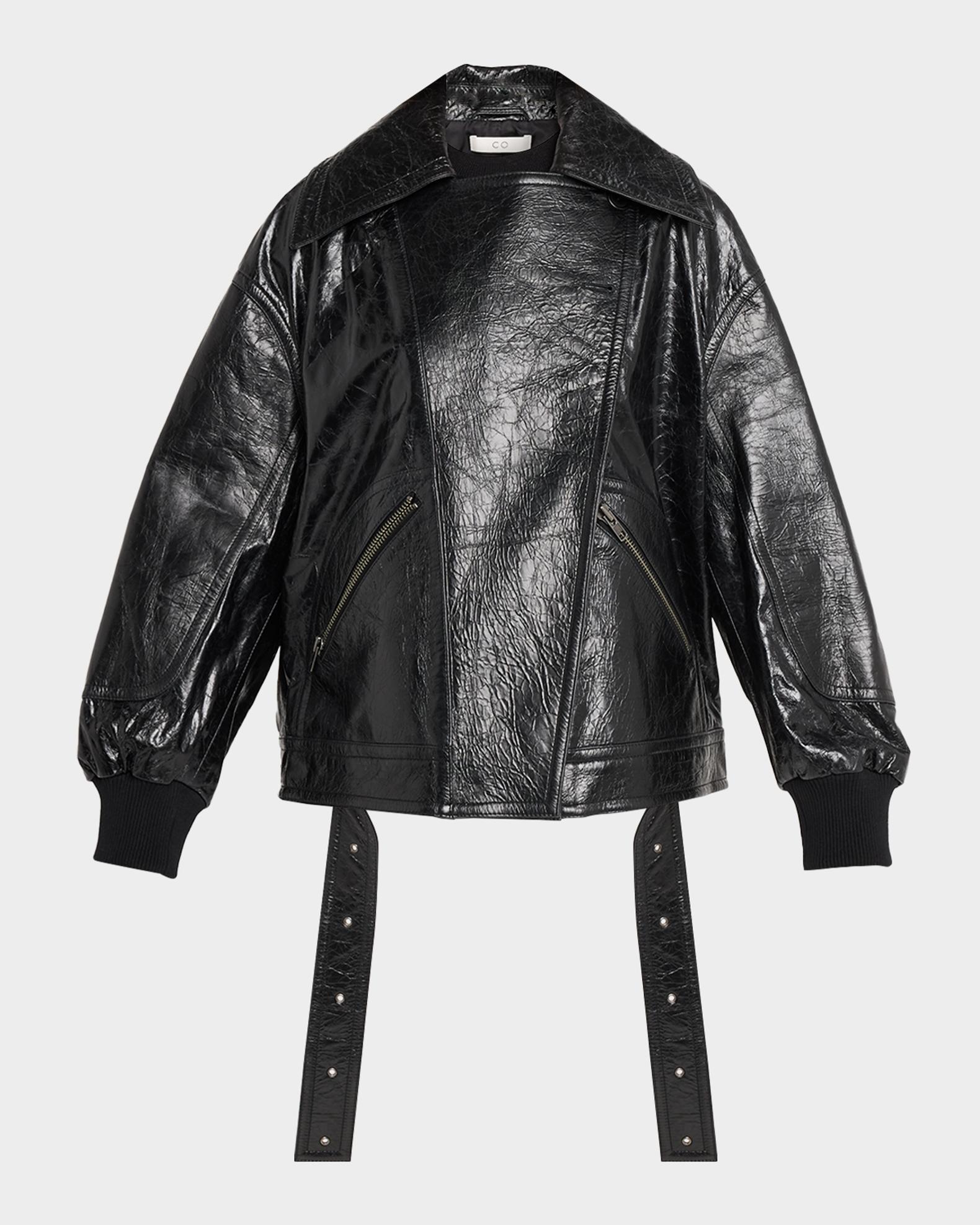 Co Shiny Crinkle Leather Oversized Bomber Jacket | Neiman Marcus