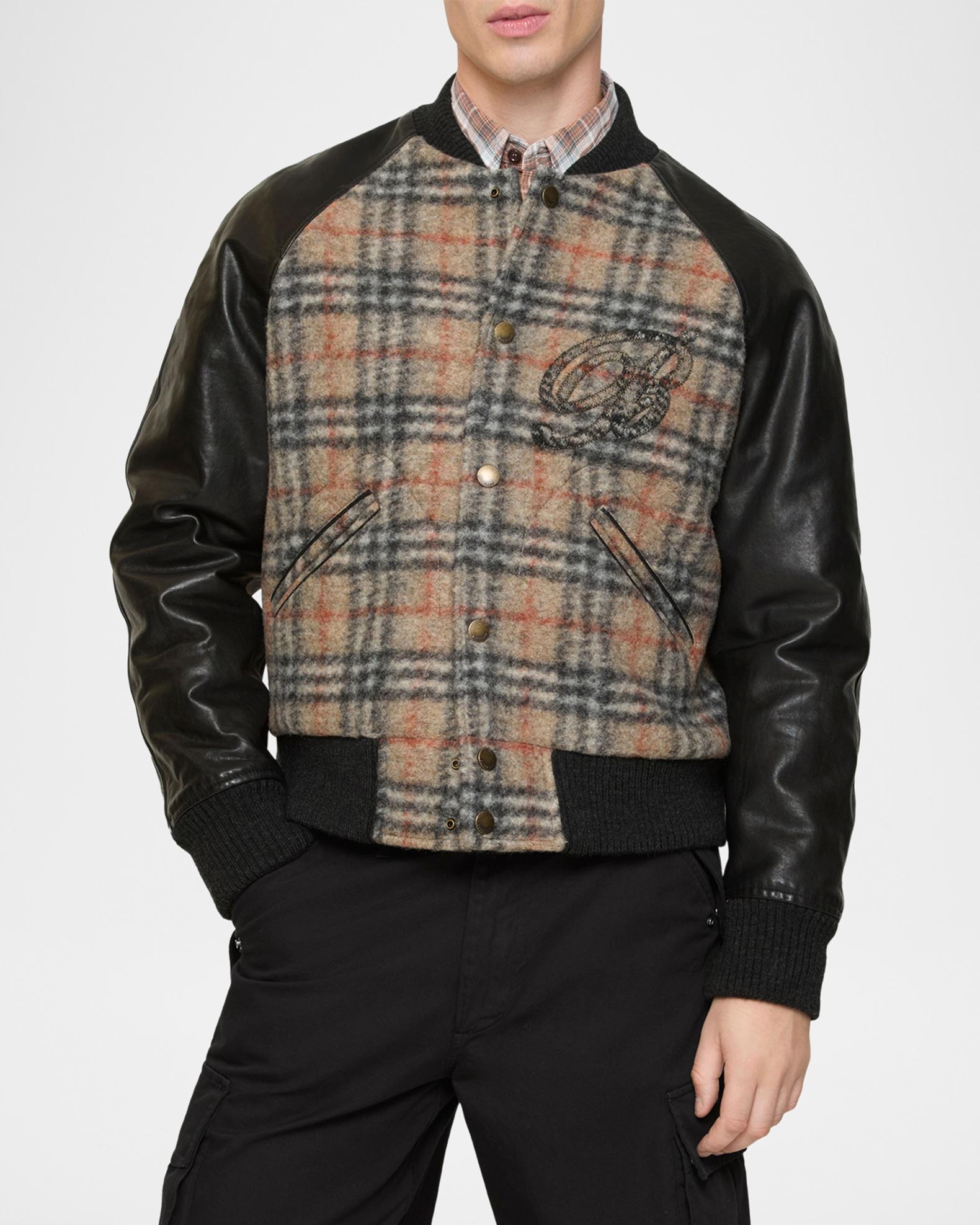 dz29 BURBERRY ウール ジャケット 黒 ノバチェック メンズM相当 Burberry Men's Check Wool and Leather Bomber Jacket | Neiman Marcus
