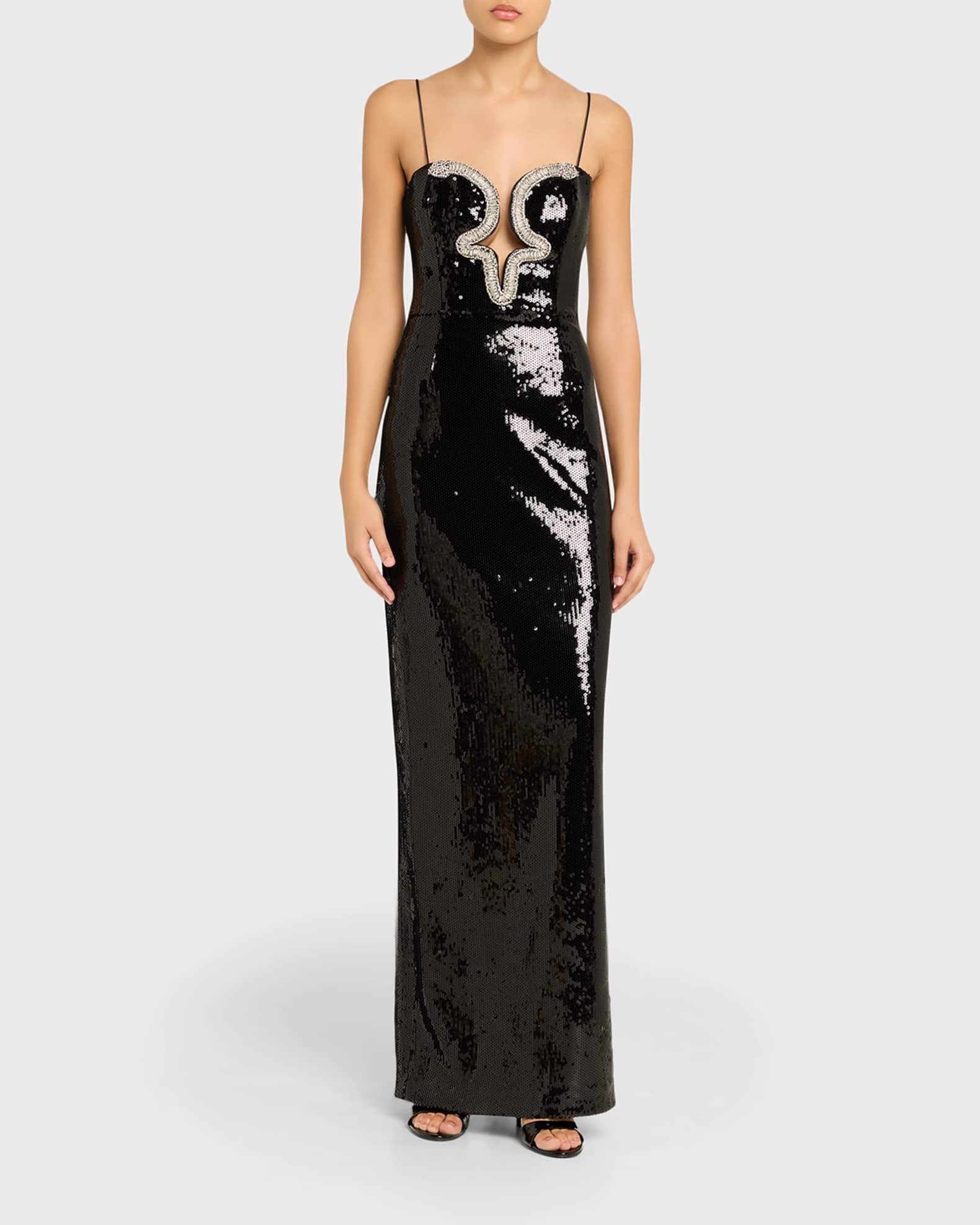REBECCA VALLANCE Lyra Plunging Diamante Snake-Trim Sequin Gown