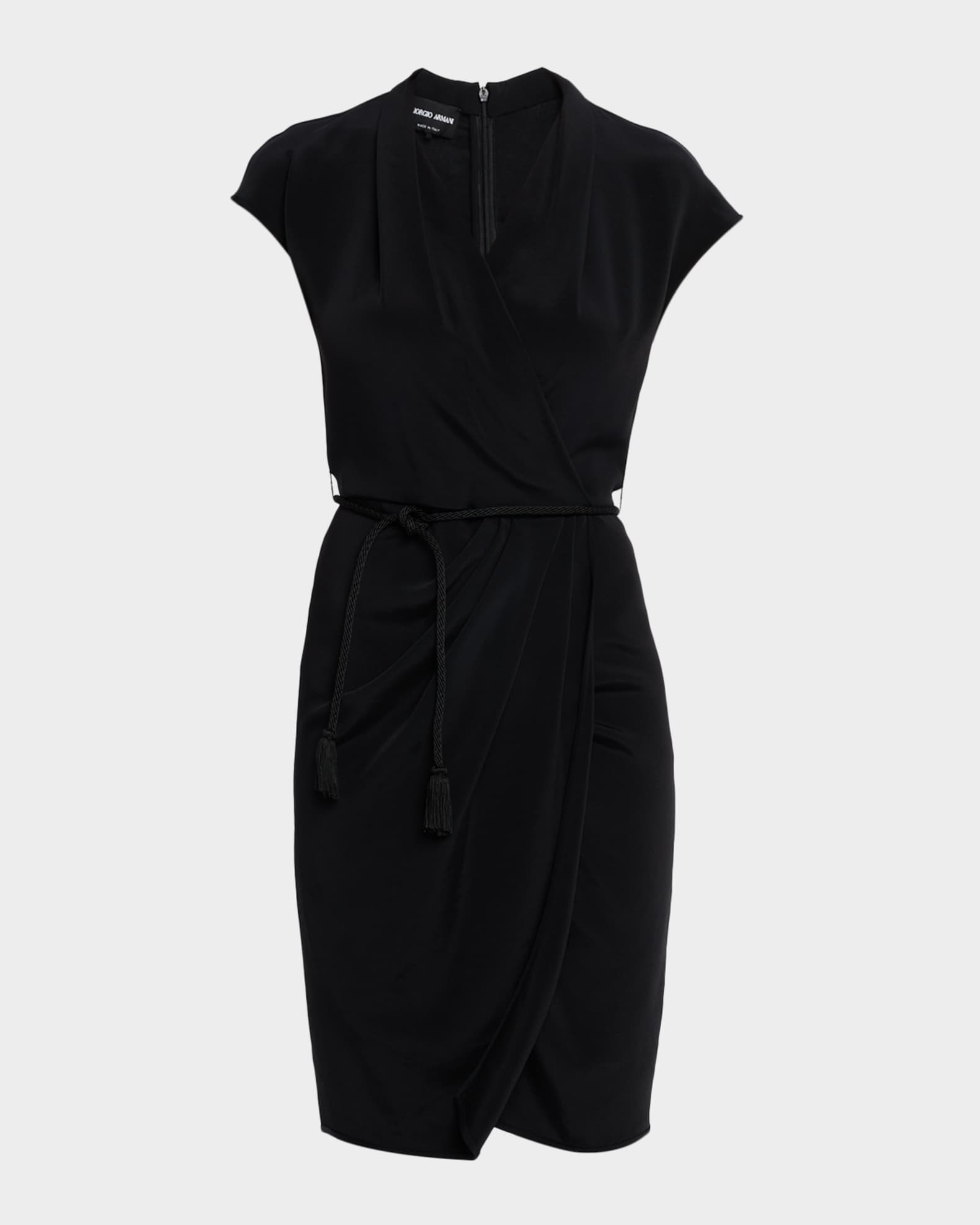 Giorgio Armani Belted Cap-Sleeve Jersey Wrap Dress, Black, Women's, 2, Casual & Work Dresses Jersey Dresses