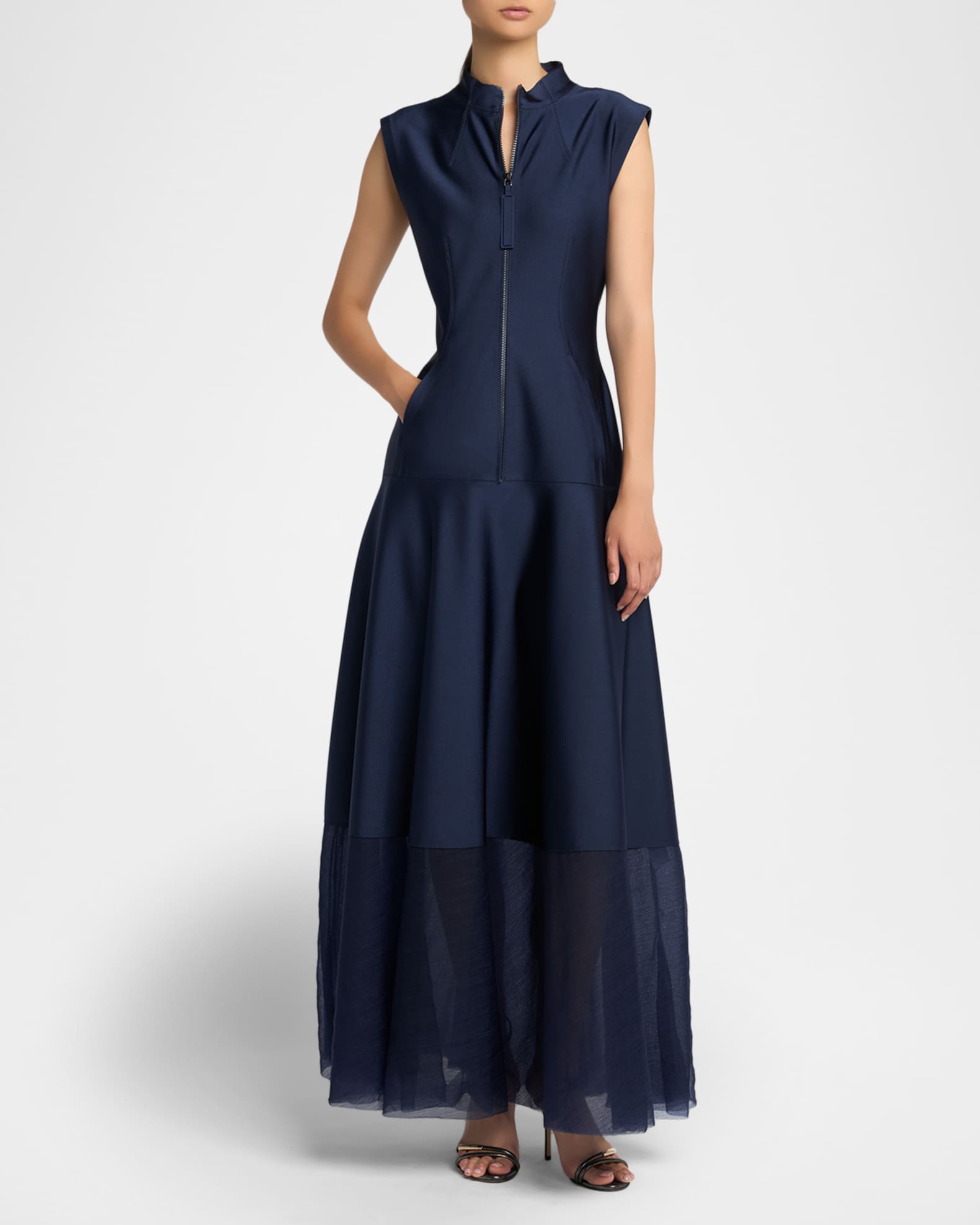 Giorgio Armani Sleeveless Sheer Tiered Zip Maxi Dress | Neiman Marcus