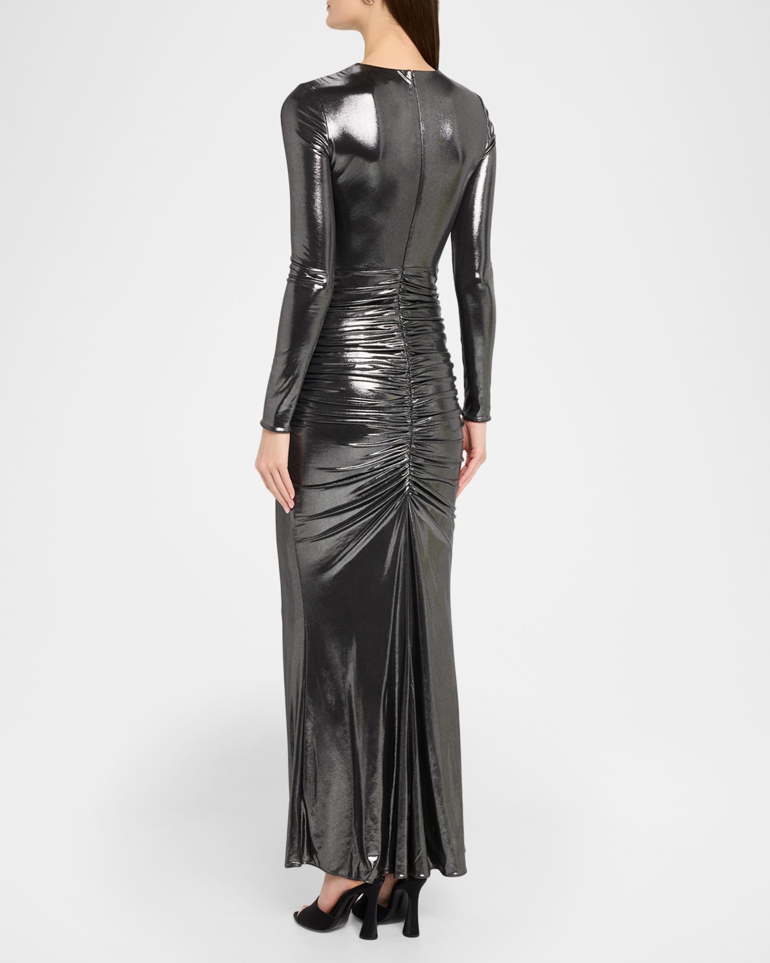 et Ochs Women's Stella Metallic Ruched Waist Gown - Gunmetal - Size 10