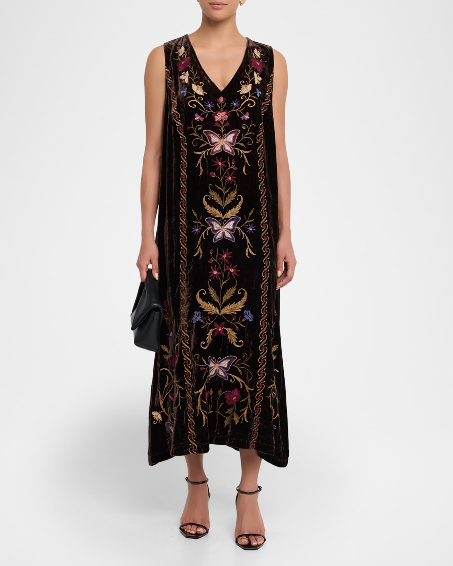 green emerald velvet dress Women's S/S Floral Embroidered Midi Velvet Dress in Brown Large main image 0