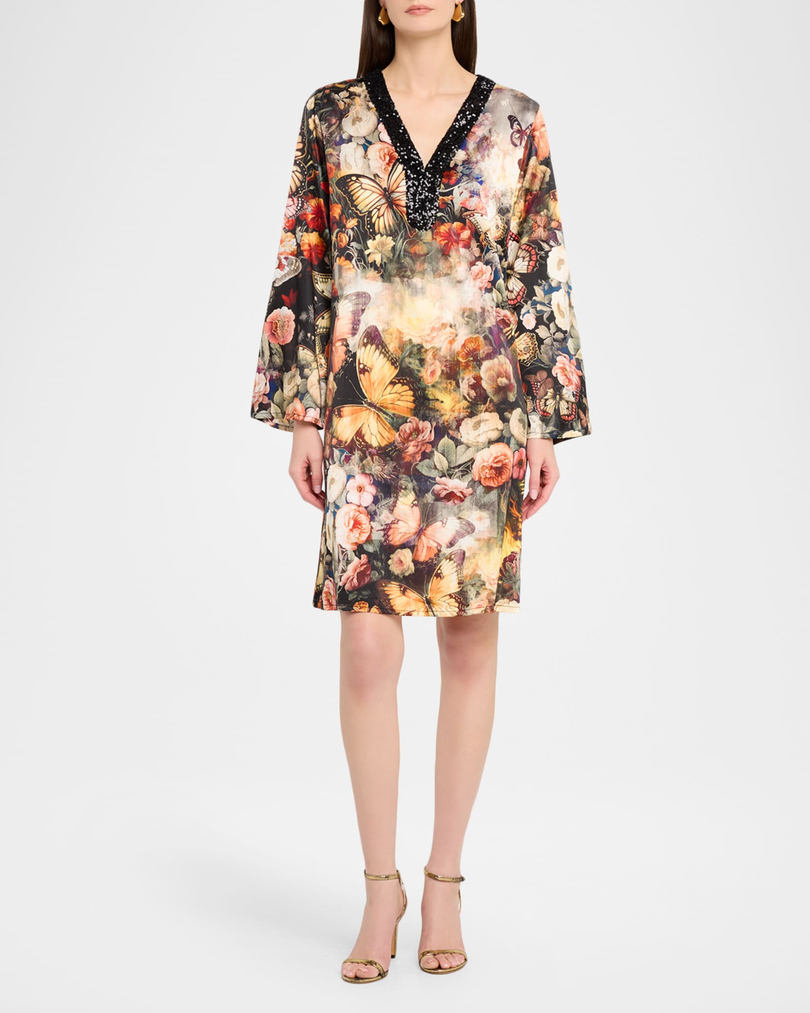 Johnny Was Judith Sequin Floral-Print Midi Shift Dress | Neiman Marcus
