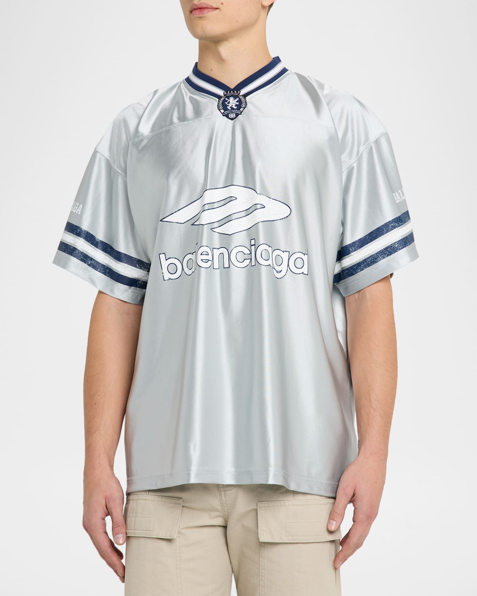 Balenciaga Men's Shiny 3B Football V-Neck T-Shirt | Neiman Marcus