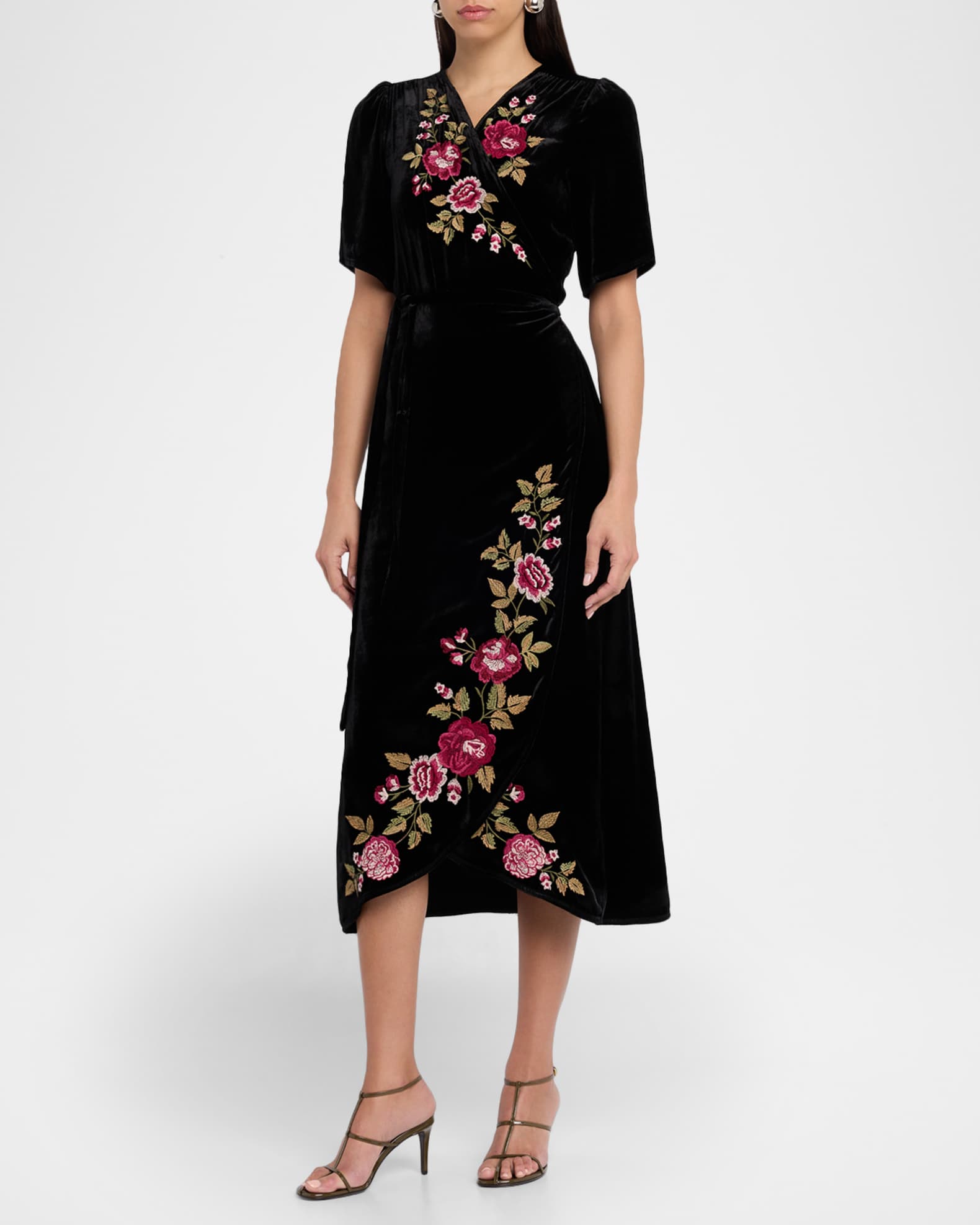 Johnny Was Floral-Embroidered Velvet Midi Wrap Dress | Neiman Marcus