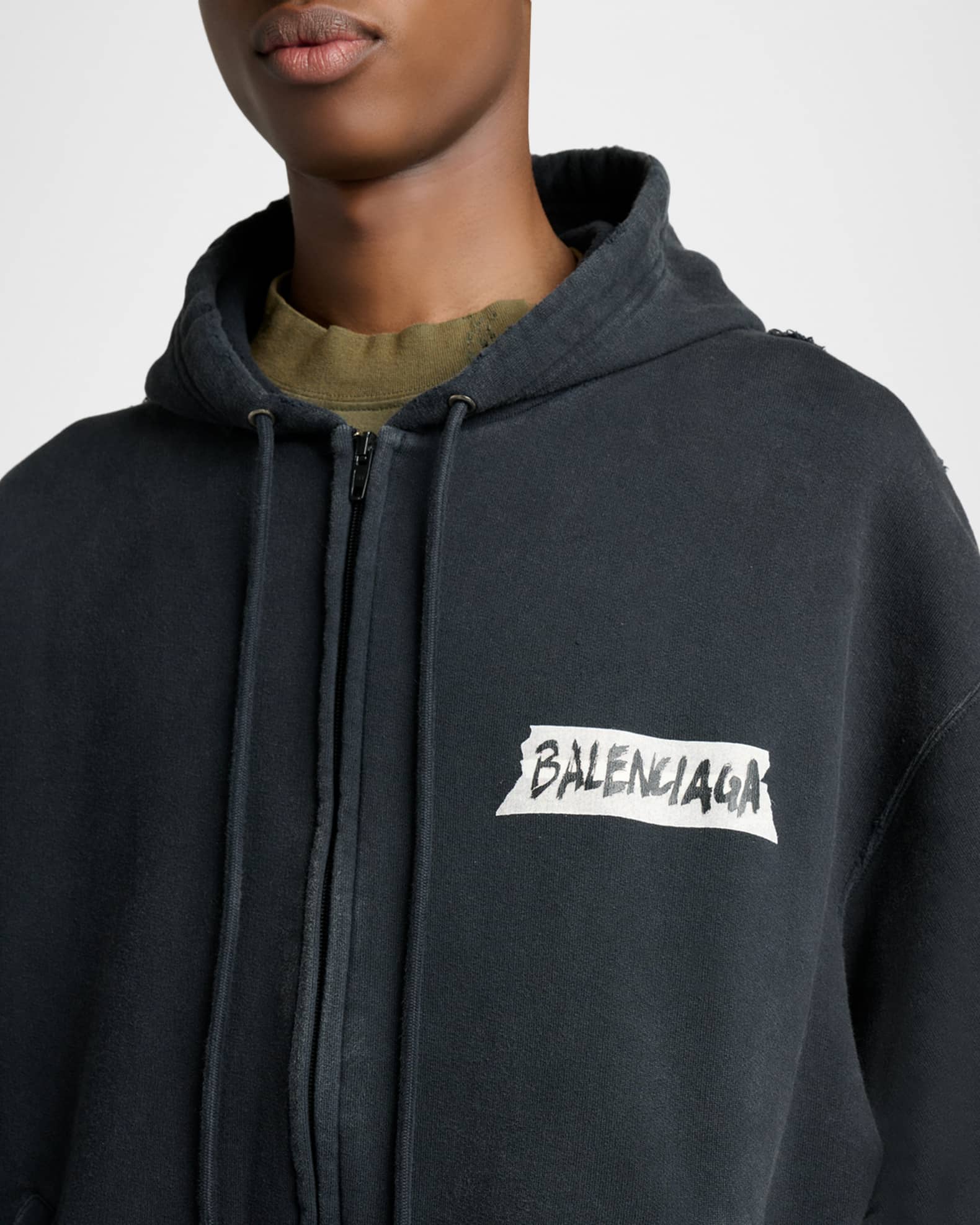 Balenciaga Men's Masking Tape Oversized-Fit Faded Fleece Full-Zip