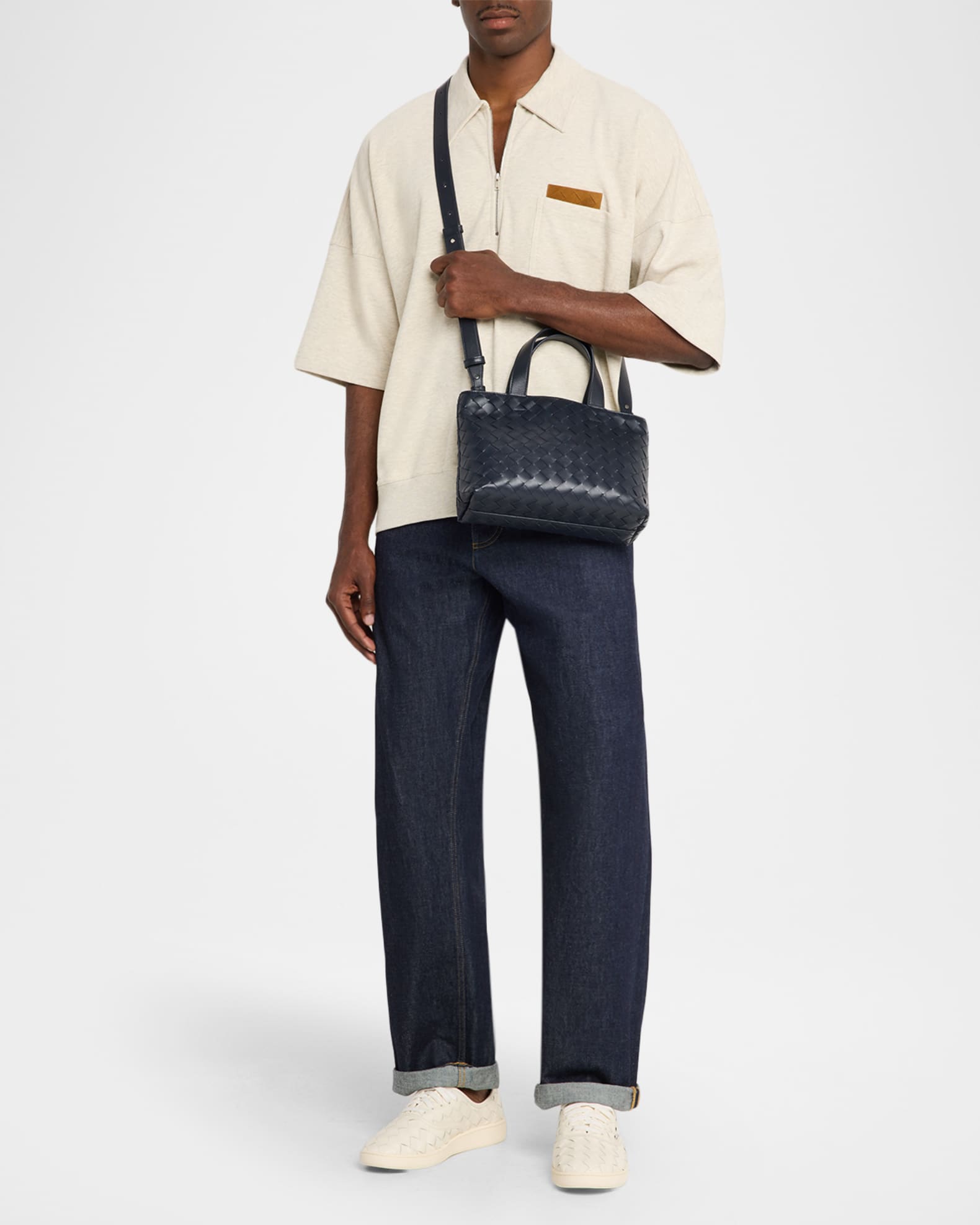 Bottega Veneta Men's Mini Intrecciato Leather Zipped Tote Bag