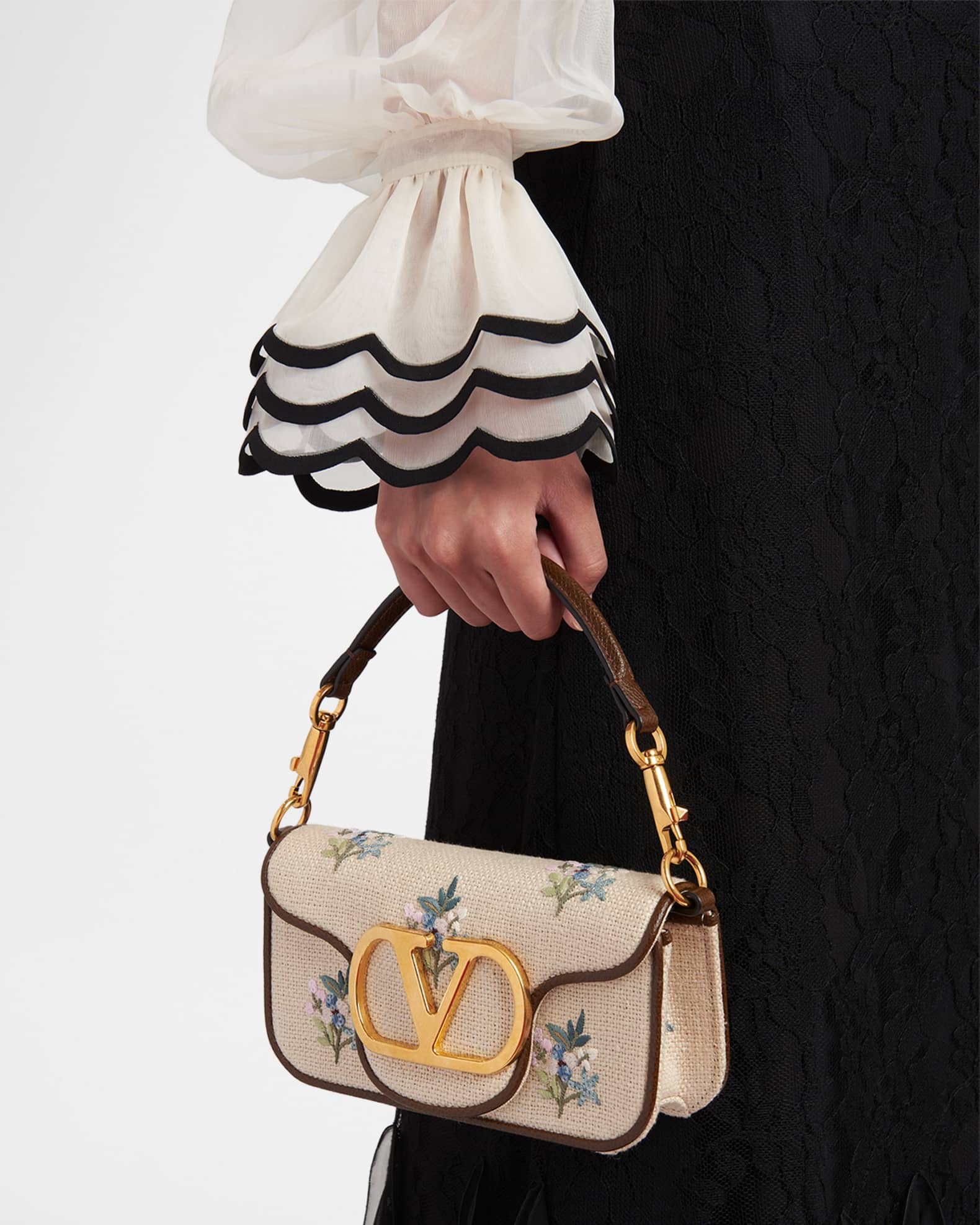 Valentino Garavani Small Floral-Embroidered Woven Flax Shoulder