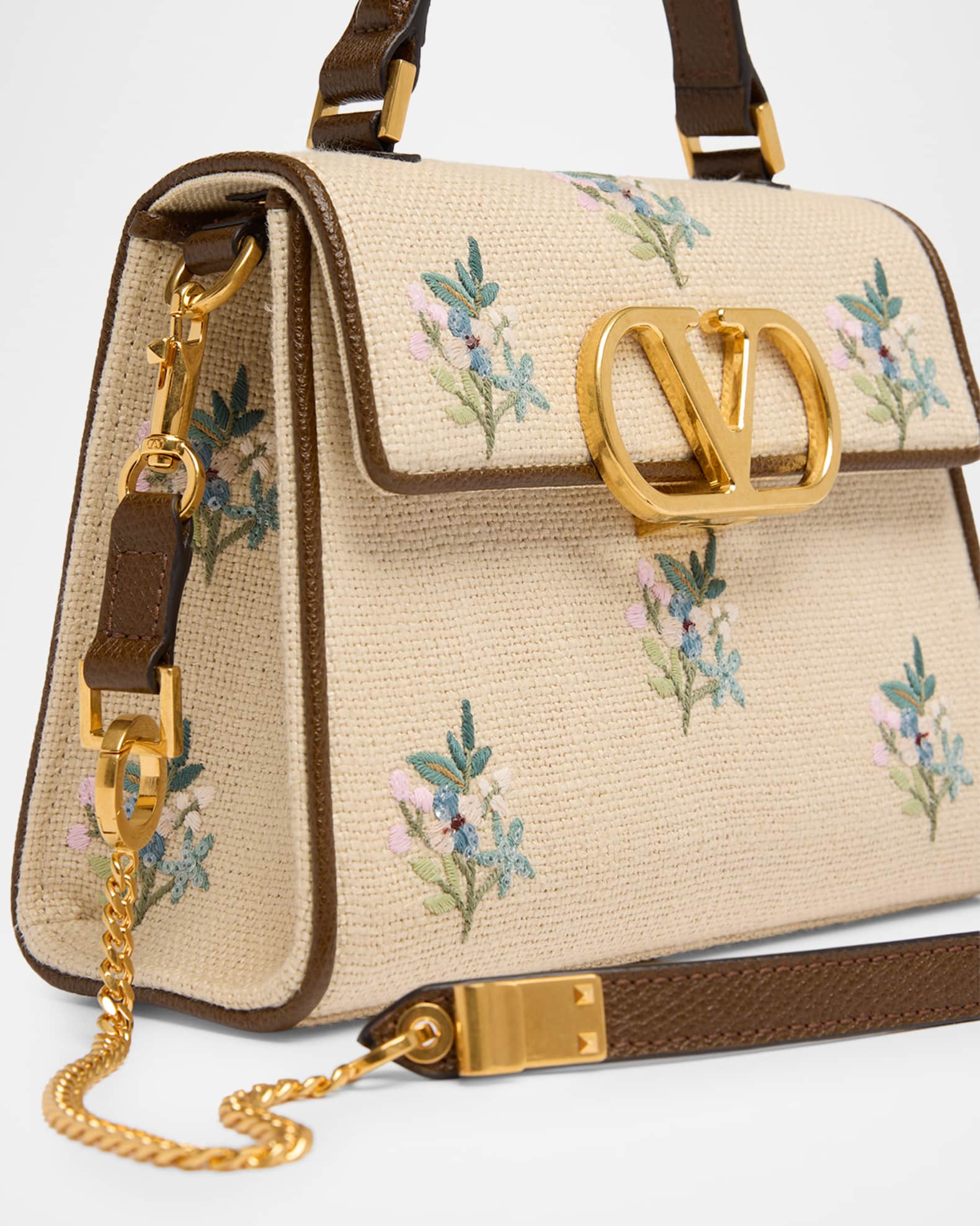 Valentino Garavani Small Floral-Embroidered Woven Flax Top-Handle