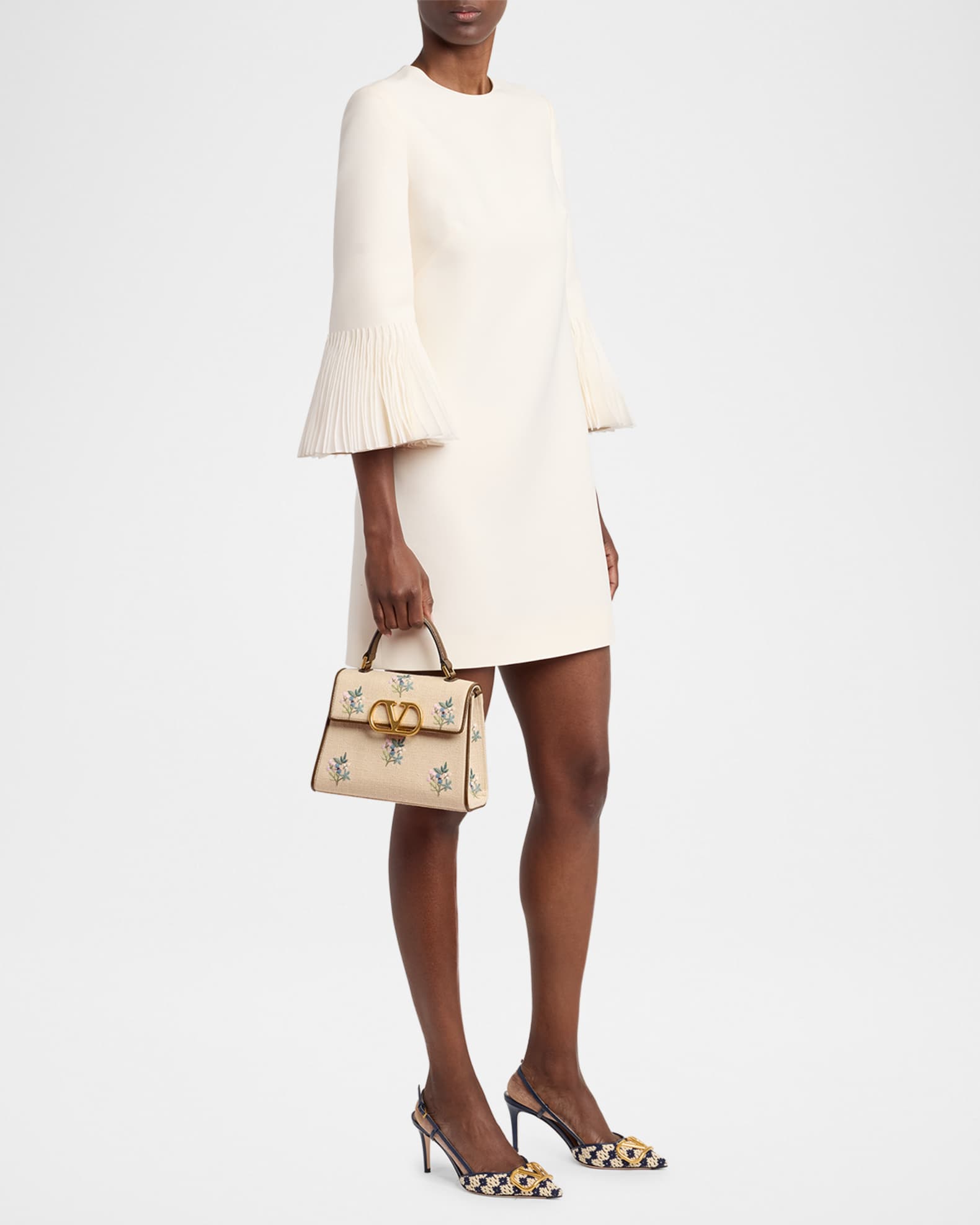 Valentino Garavani Small Floral-Embroidered Woven Flax Top-Handle