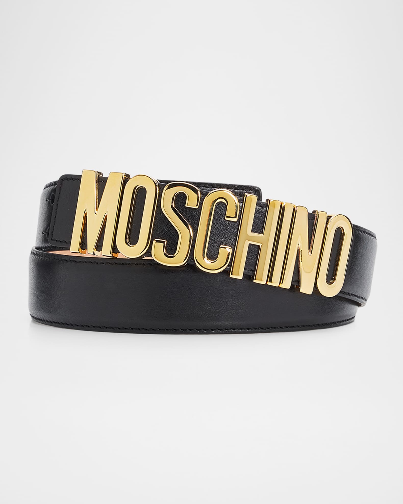 Moschino Men's Lettering Logo Leather Belt, Black | Neiman Marcus