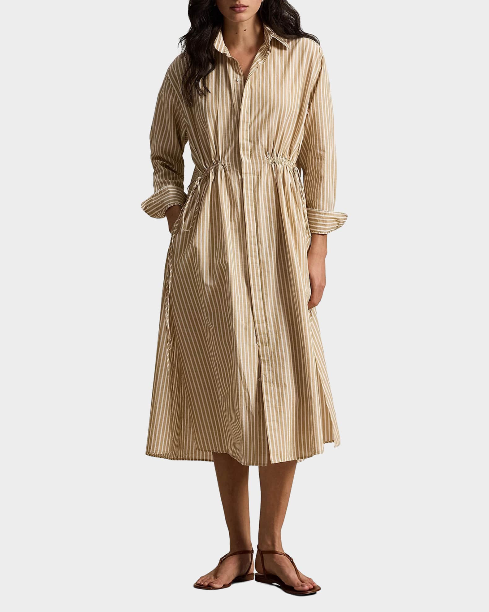 Polo Ralph Lauren Striped Cotton-Linen Drawcord Shirtdress
