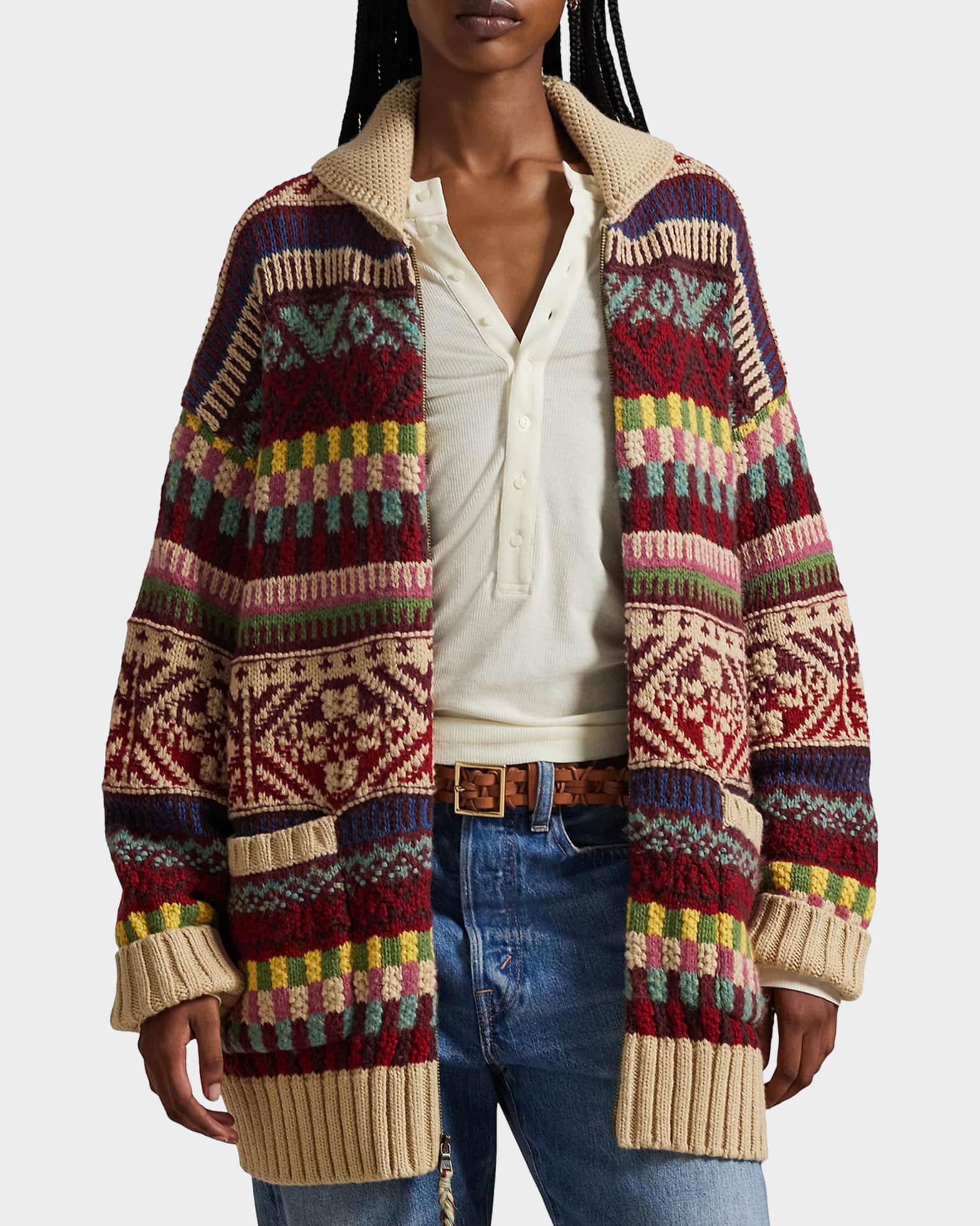 Polo Ralph Lauren Geometric Shawl-Collar Zip Cardigan | Neiman Marcus