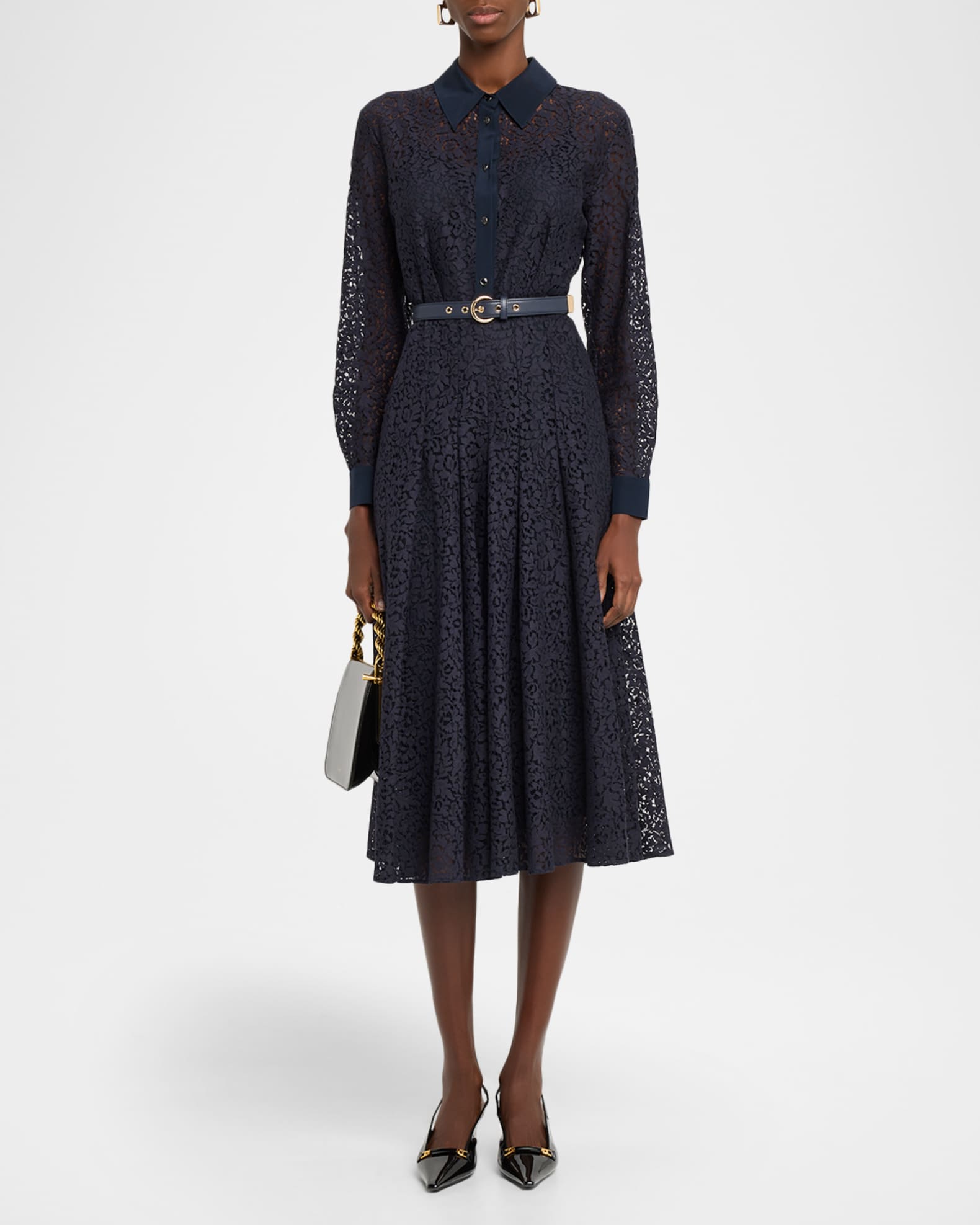 Max Mara Studio Pleated Floral Lace Midi Shirtdress | Neiman Marcus