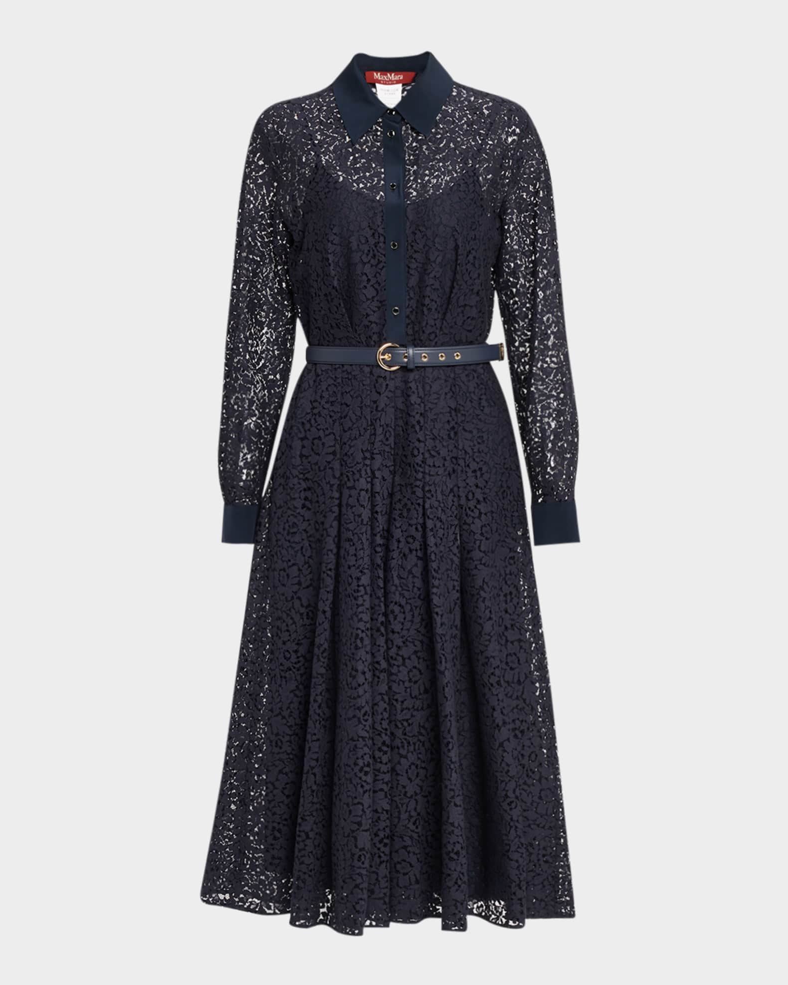 Max Mara Studio Pleated Floral Lace Midi Shirtdress | Neiman Marcus