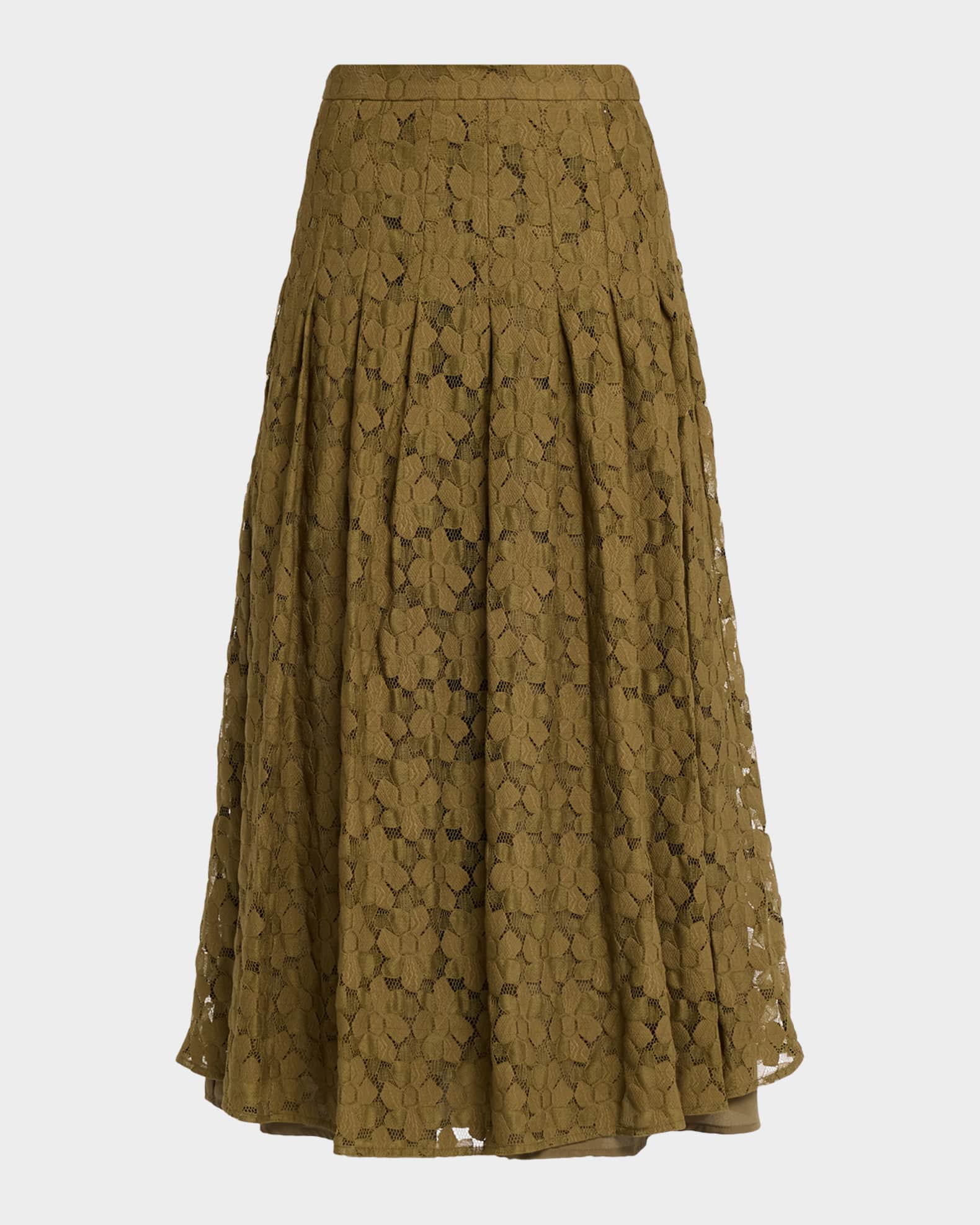 Max Mara Studio Pleated Floral Lace Midi Skirt | Neiman Marcus