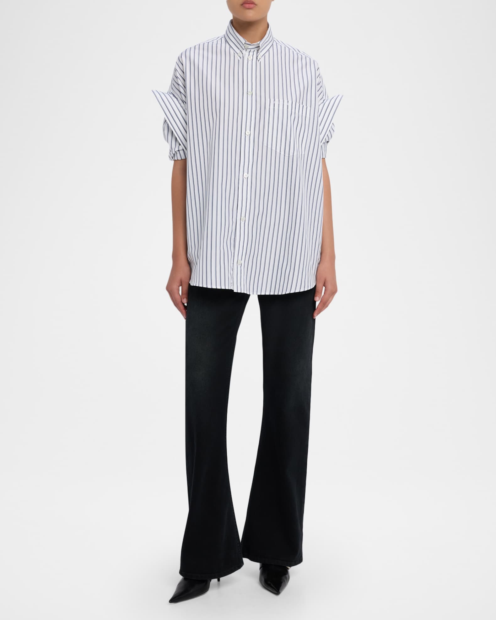 Balenciaga Tucked-Sleeve Striped Poplin Shirt | Neiman Marcus