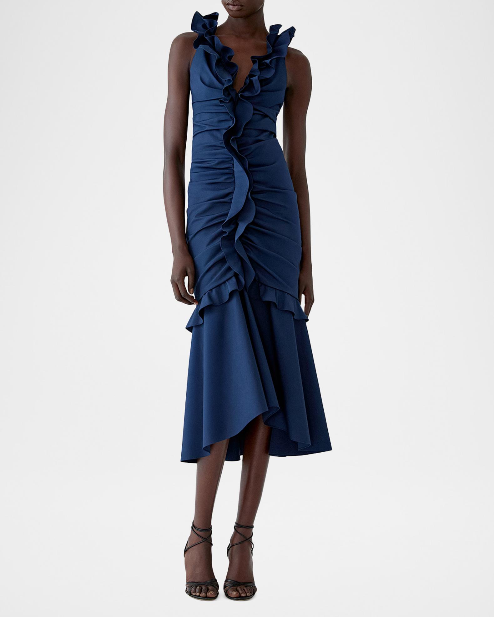 carolina herrera asymmetric layered dress Women's Cabana Ruched V-Neck Sleeveless Midi-Dress - Midnight My Height is:Petite (5'1