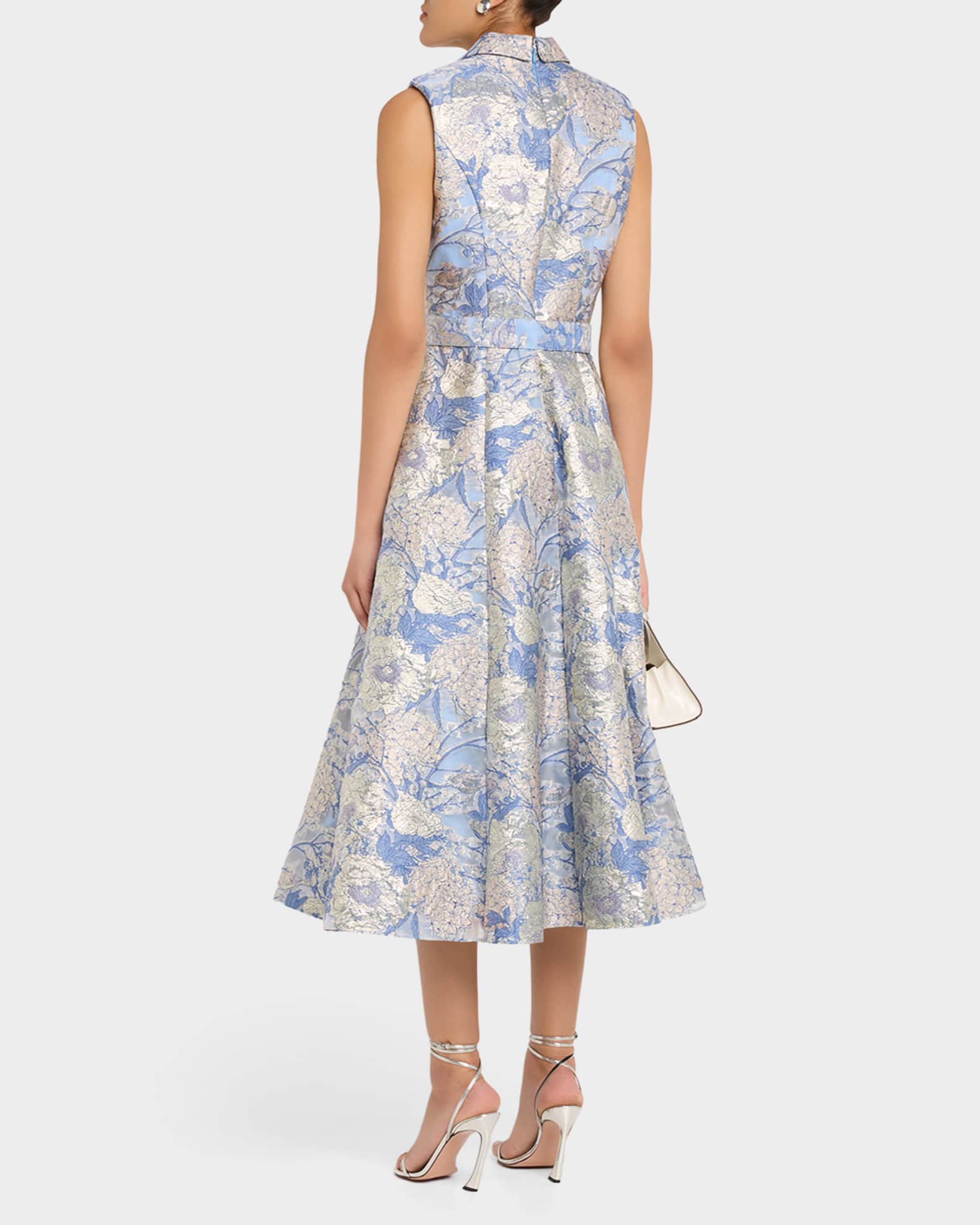 Aidan Mattox Belted Metallic Floral Jacquard Midi Dress | Neiman Marcus