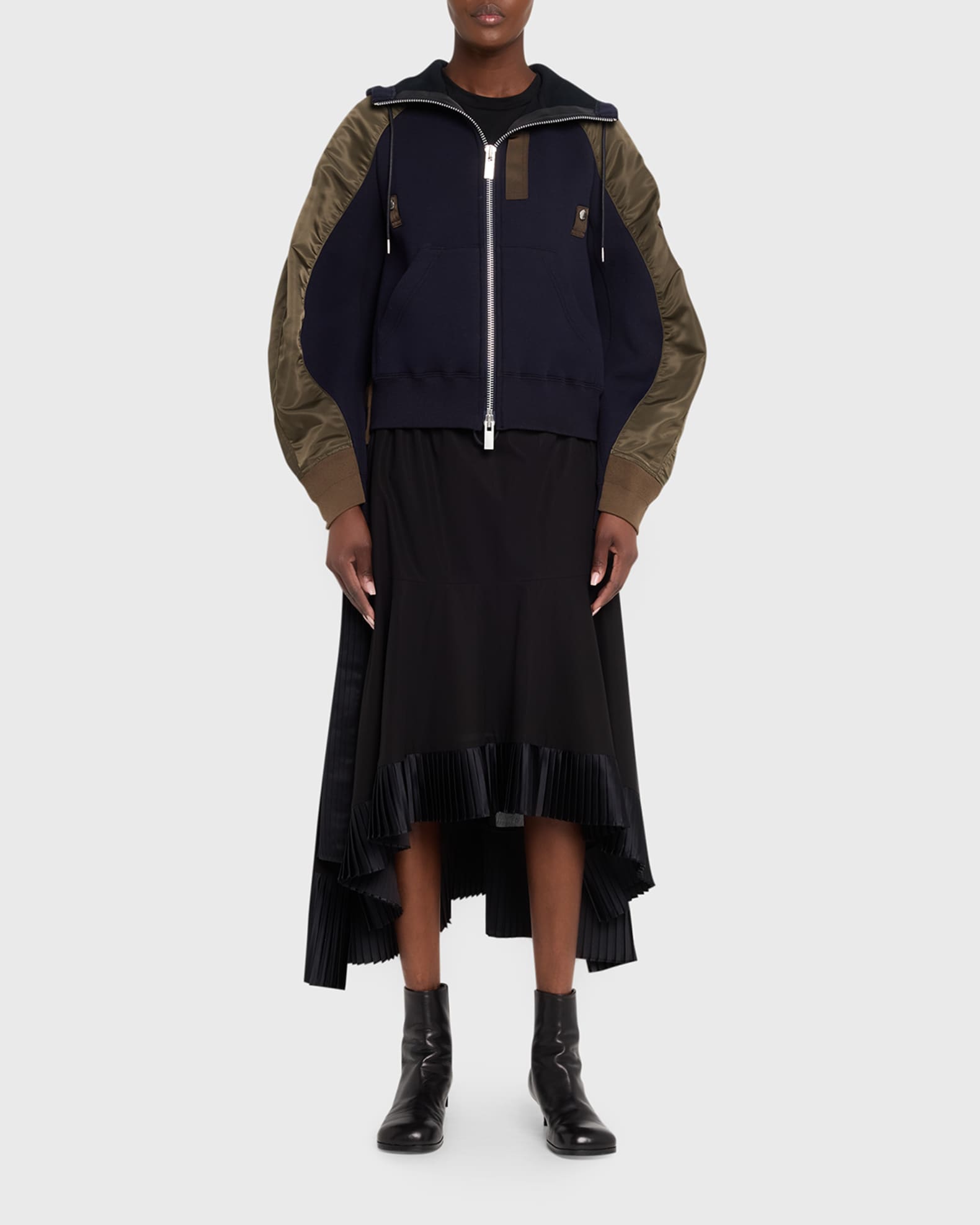 SACAI Mixed-Media Zip Hooded Jacket | Neiman Marcus