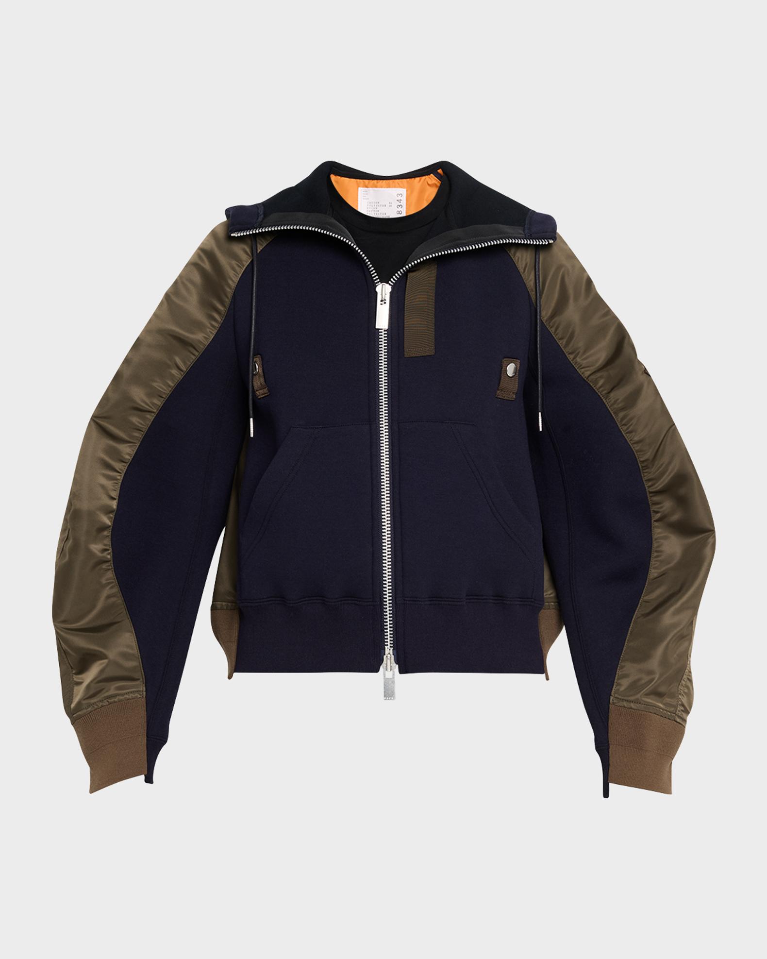 SACAI Mixed-Media Zip Hooded Jacket | Neiman Marcus