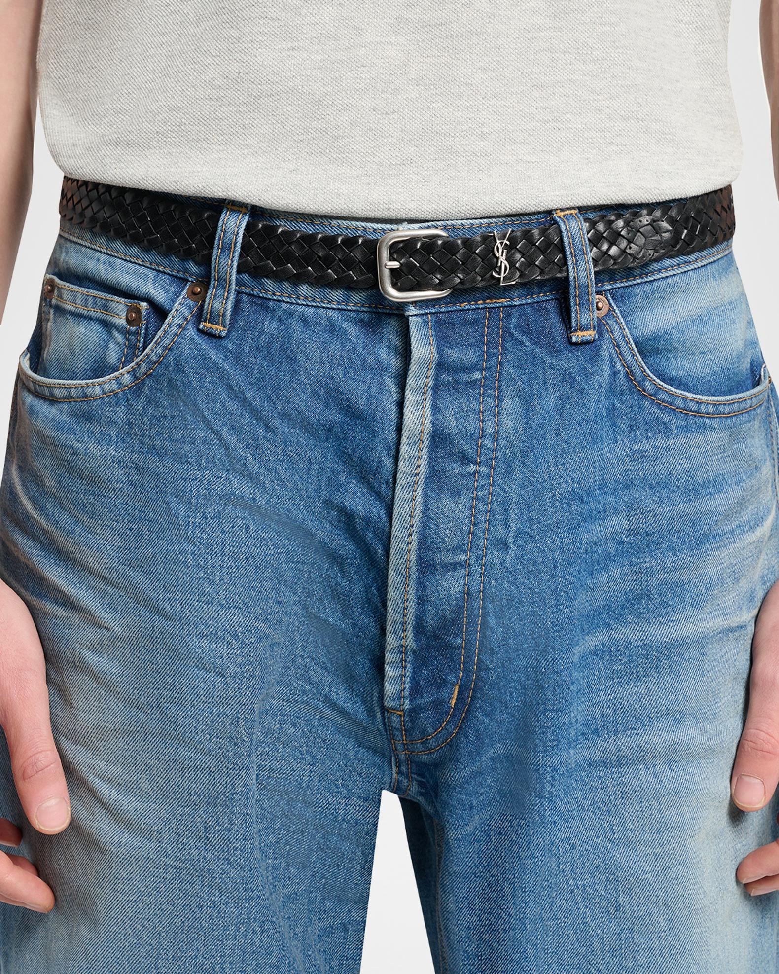 Saint Laurent Men's Cassandre YSL Woven Leather Belt | Neiman Marcus