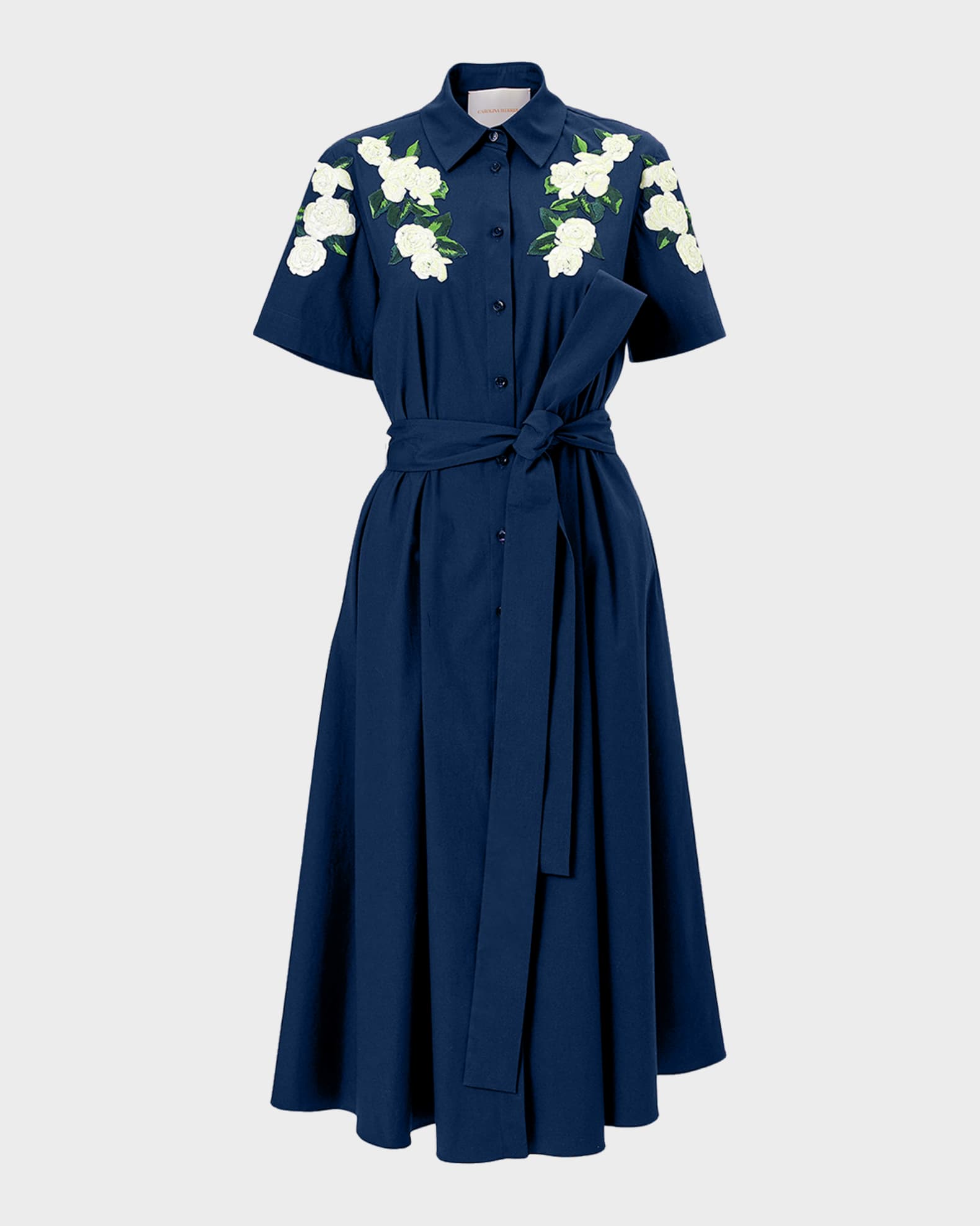 Carolina Herrera Rose Embroidered Short-Sleeve Midi Shirtdress
