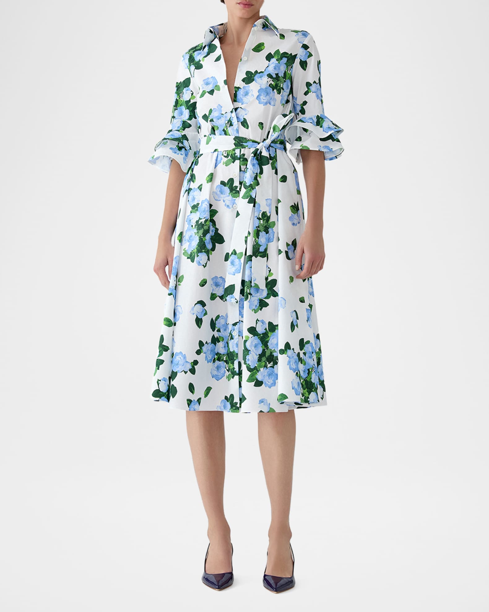 Carolina Herrera Tiered Ruffle Sleeve Belted Midi Shirtdress