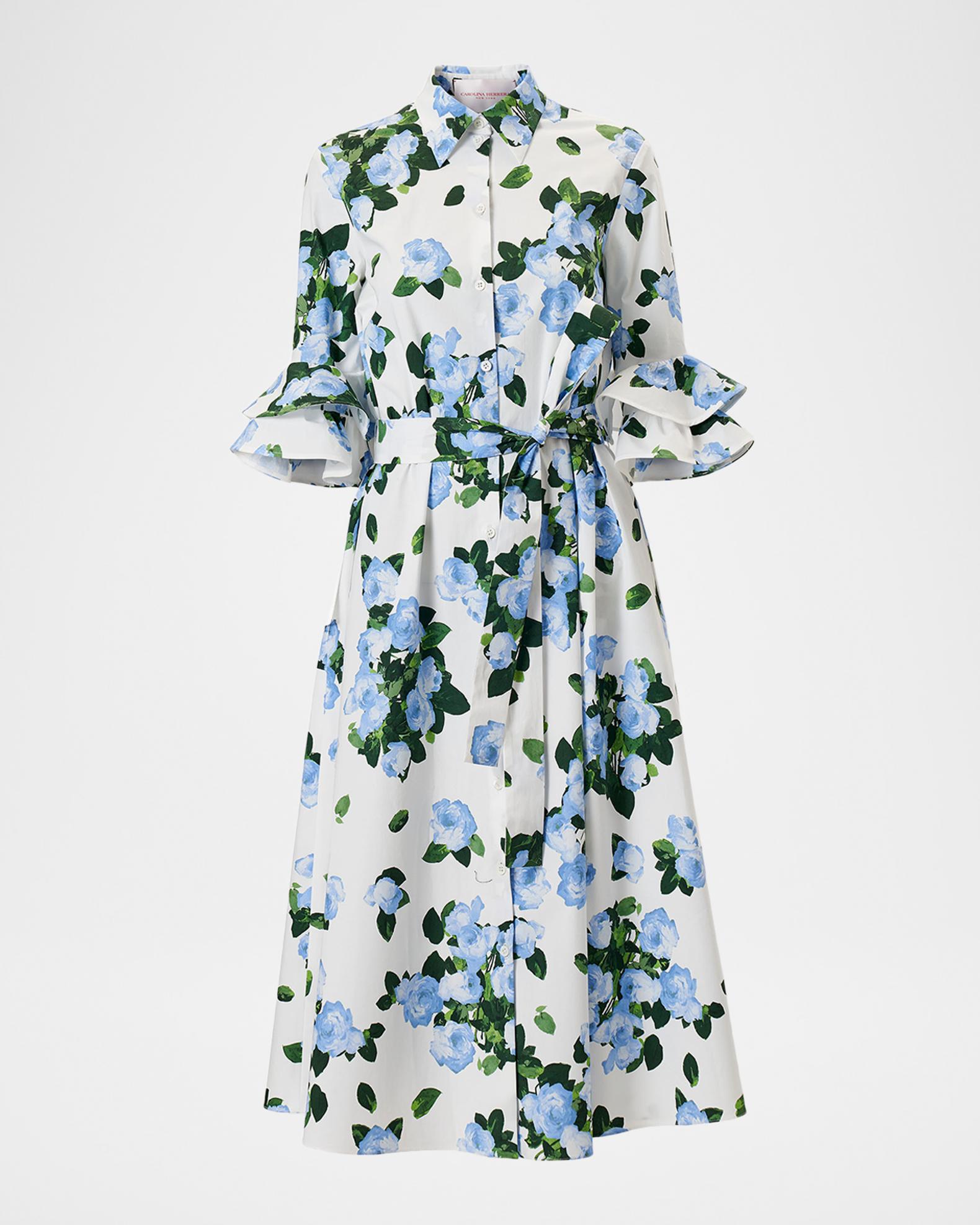 carolina herrera green shirt dress Women's Cabana Floral Belted Ruffle-Sleeve Shirtdress - White Multi Apparel