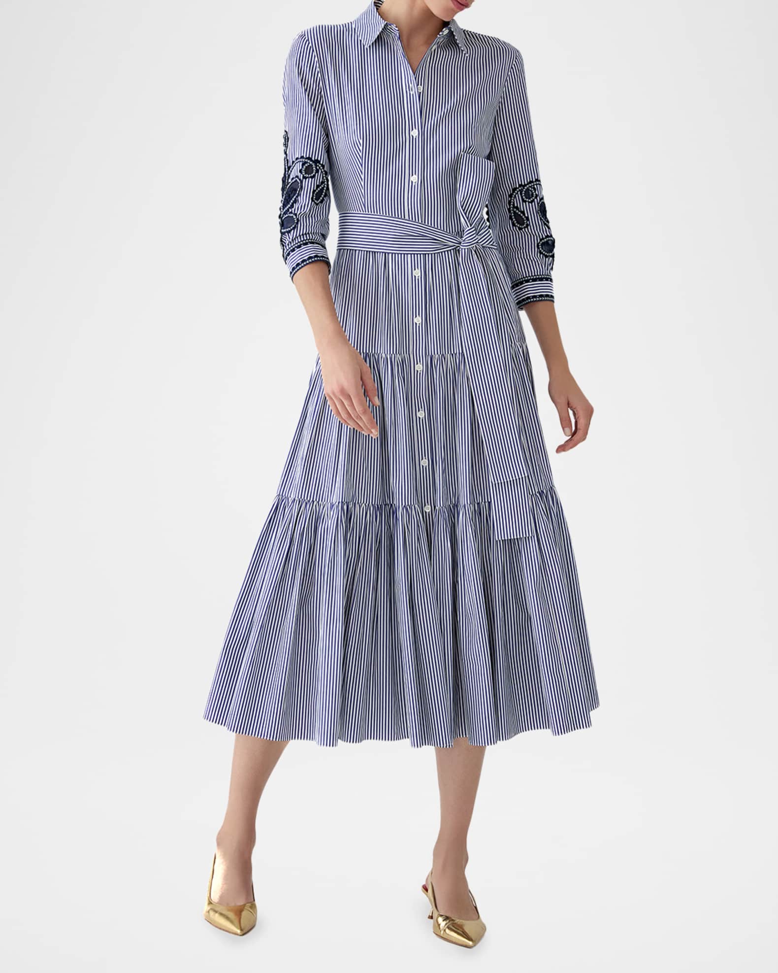 carolina herrera shirt dress Styling A Shirtdress for Early Spring dot print Midi length Dry clean Made in the USA Carolina Herrera Tiered Ruffle Sleeve